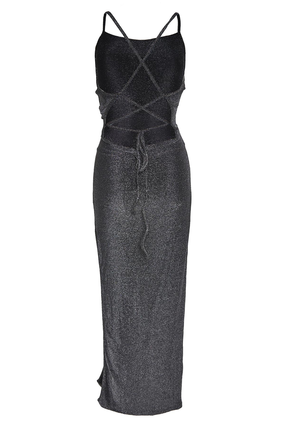 Black-Silver Glitter Strappy-Back Maxi-Dress