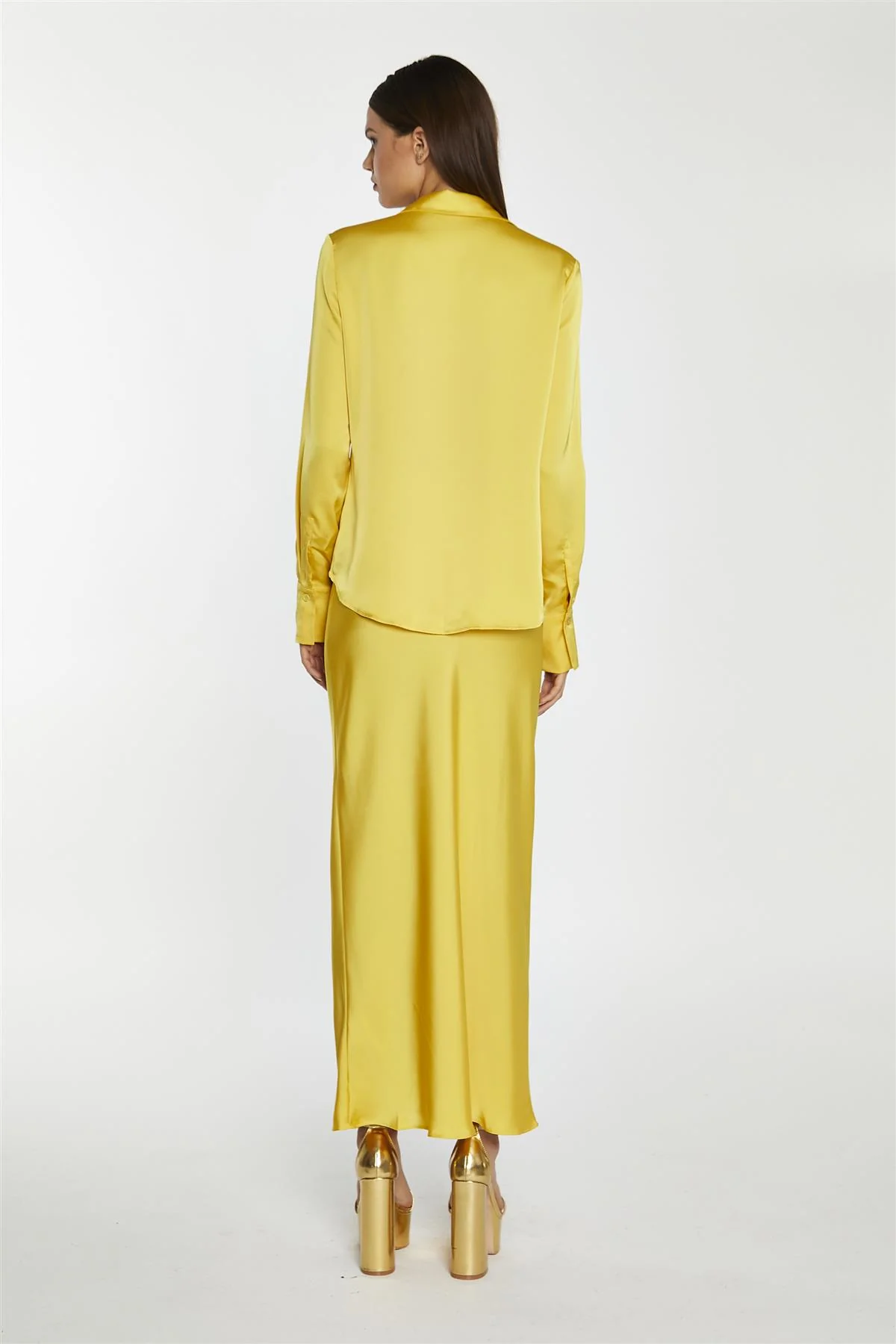 Yellow Satin Bias-Cut Midi-Skirt