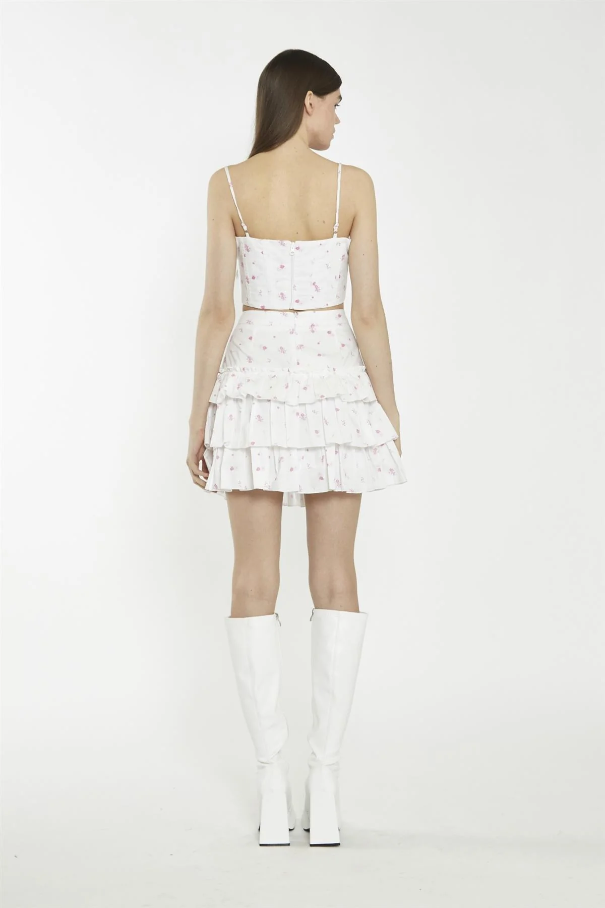 White Pink Floral Tiered Mini-Skirt