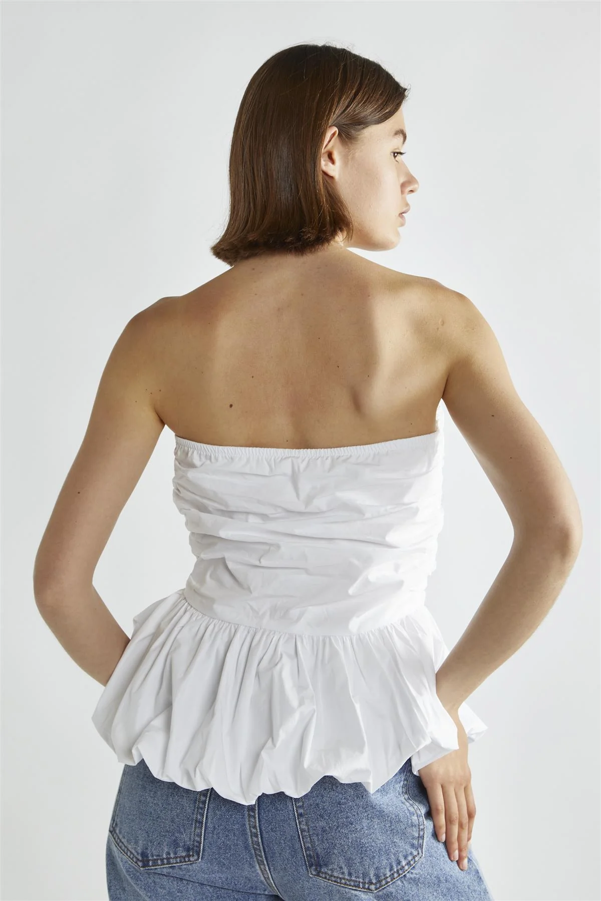 White Sleeveless Half-Pleated Crop-Top