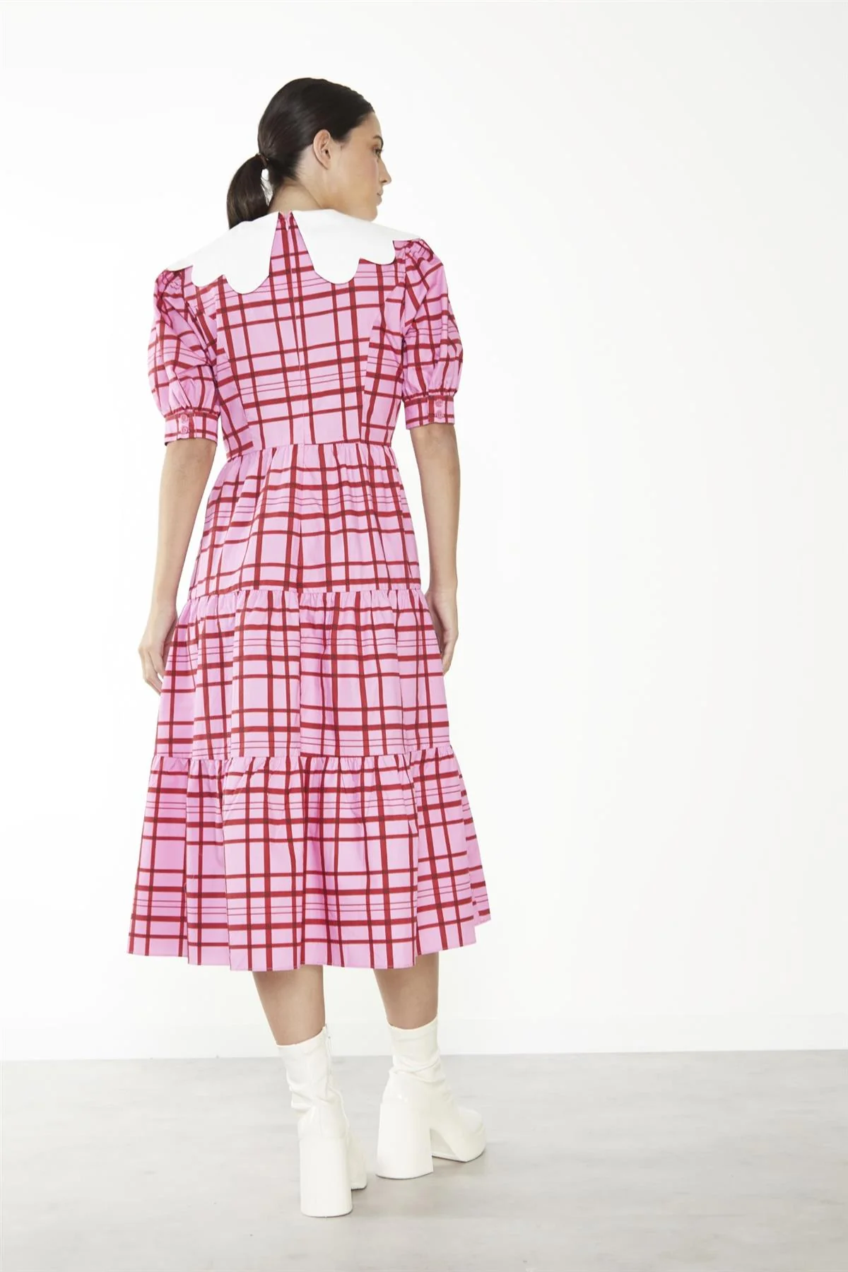 Pink-Red Grid-Check Tiered Collared Midi-Dress