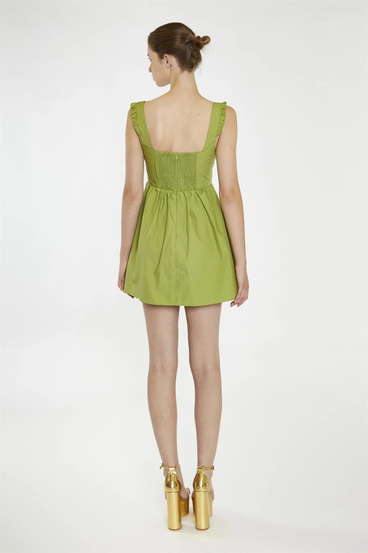 Leaf-Green Gathered-Bust Mini-Dress