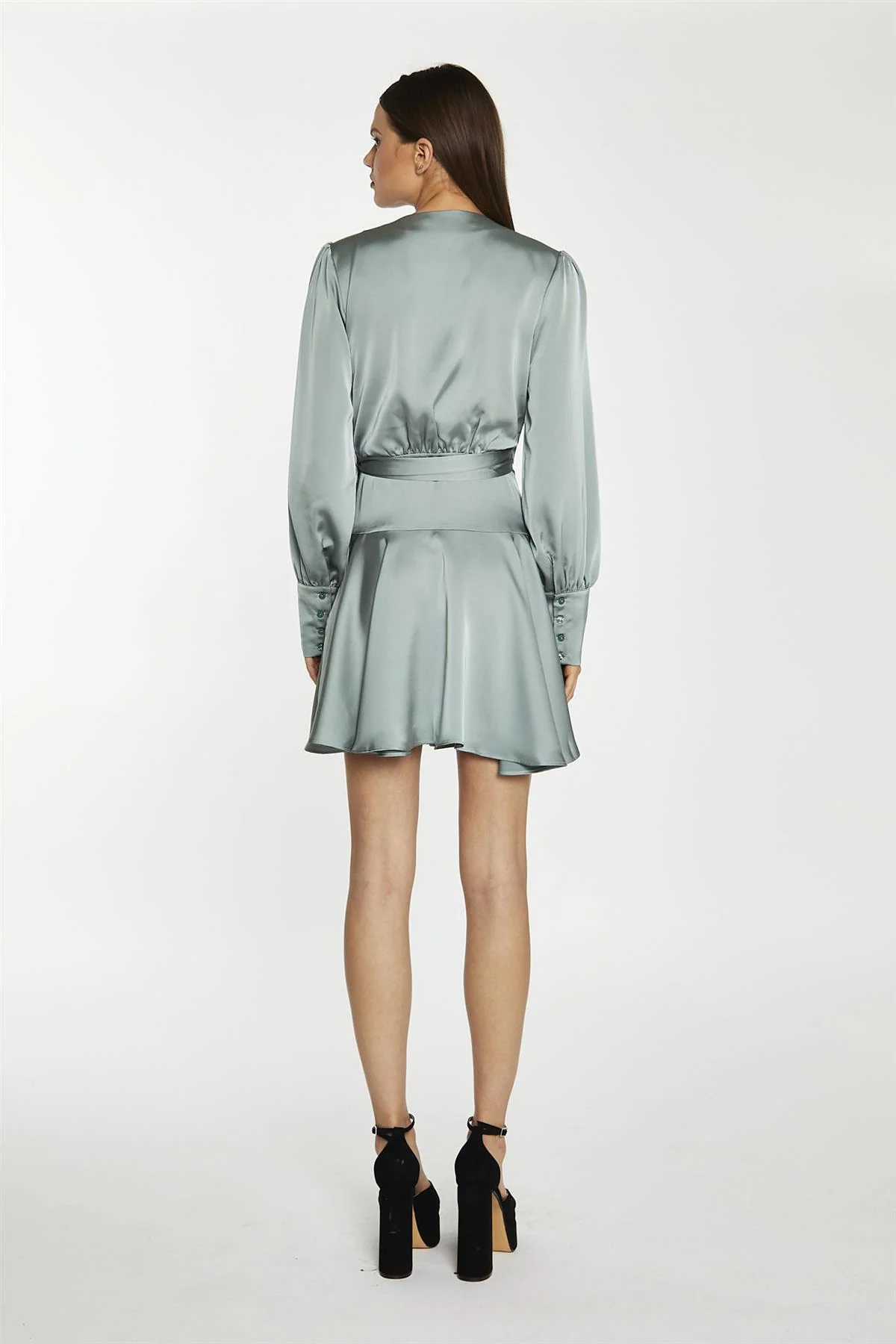 Dusty-Green Satin Wrap Mini-Dress