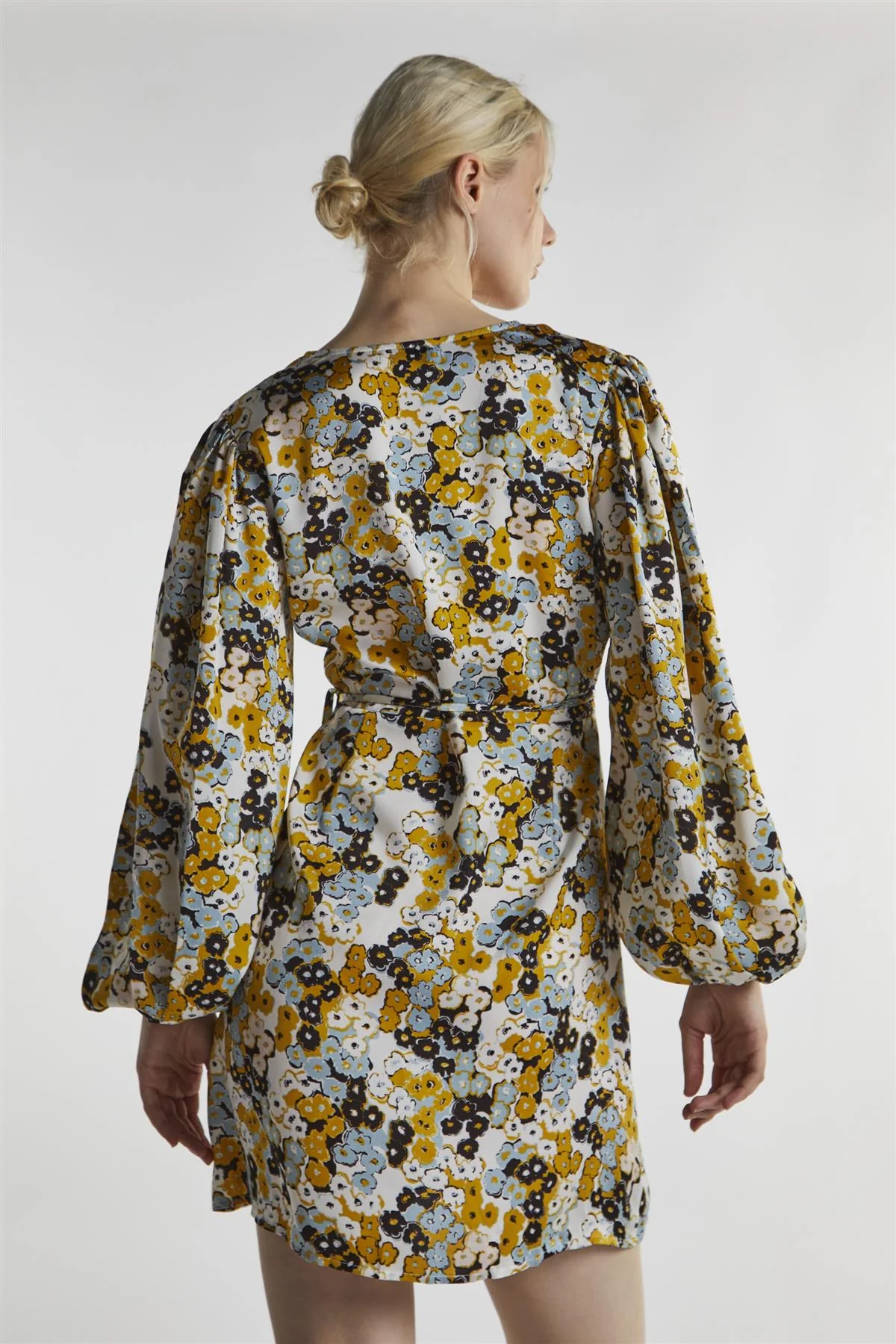Mustard-Floral Wrap Mini-Dress