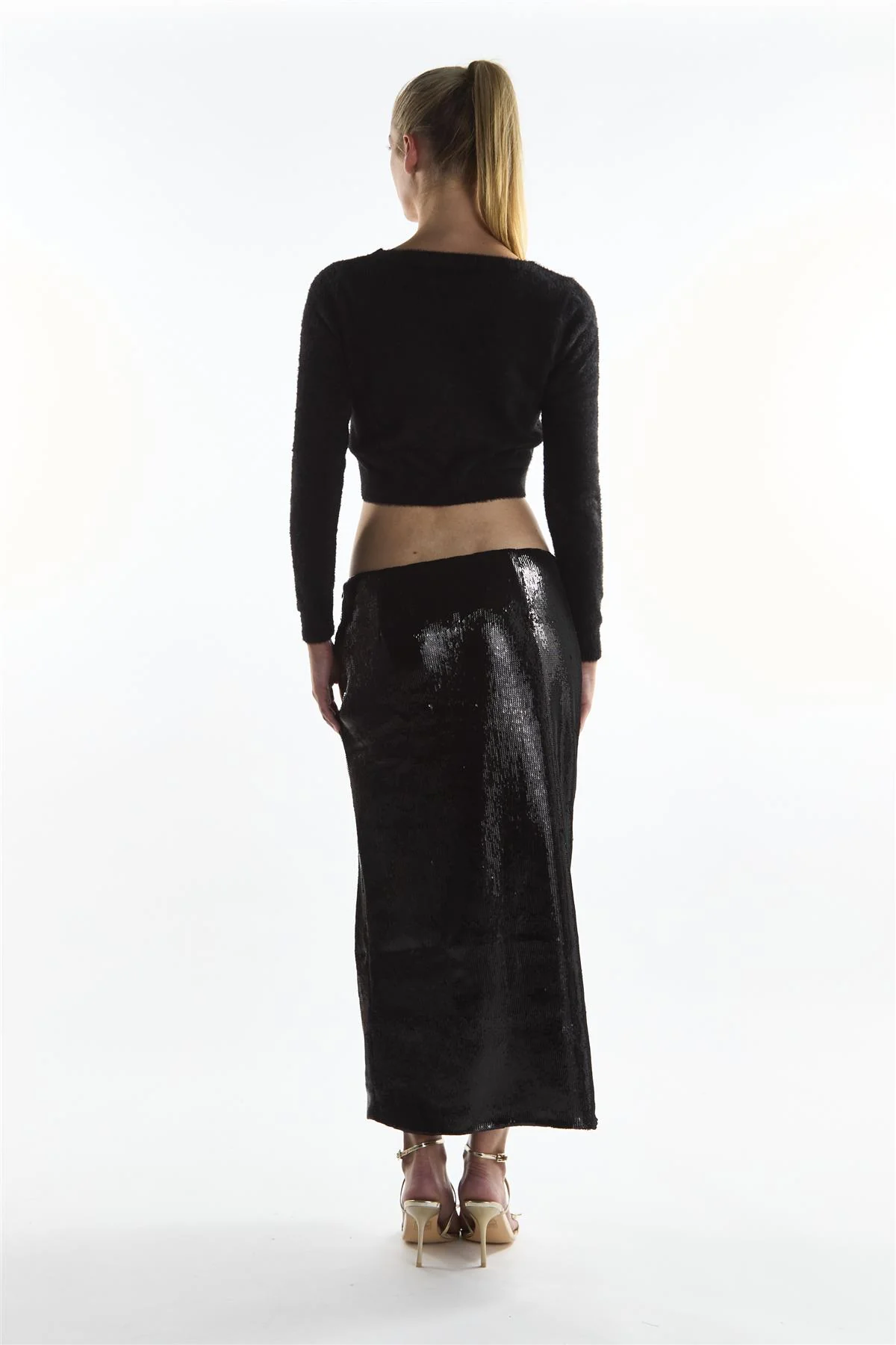 Black Sequin Leg-Split Midi Skirt