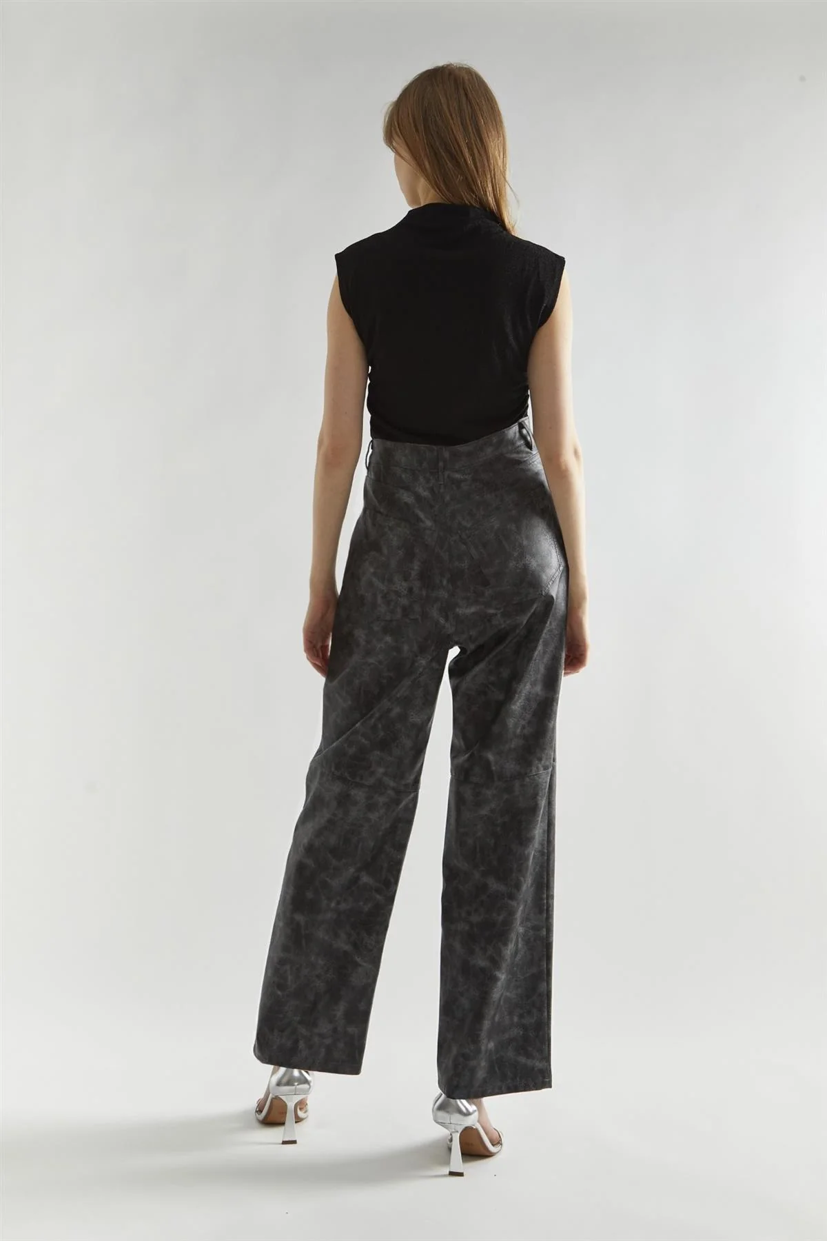 Black Marble PU Wide-Leg High-Waist-Trousers