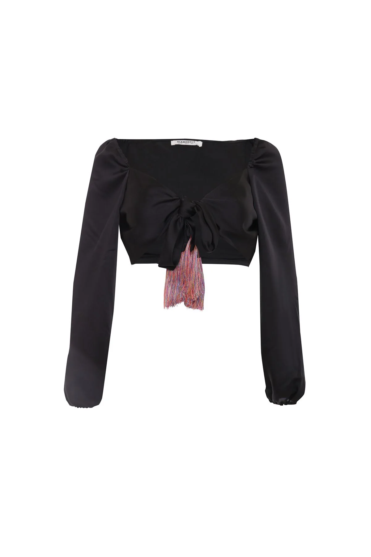 Black Tie Front Cropped Blouse Tops