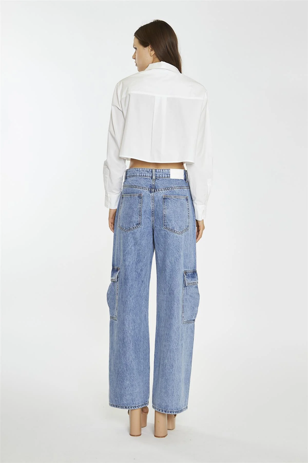 White Long-Sleeve Collared Crop-Shirt