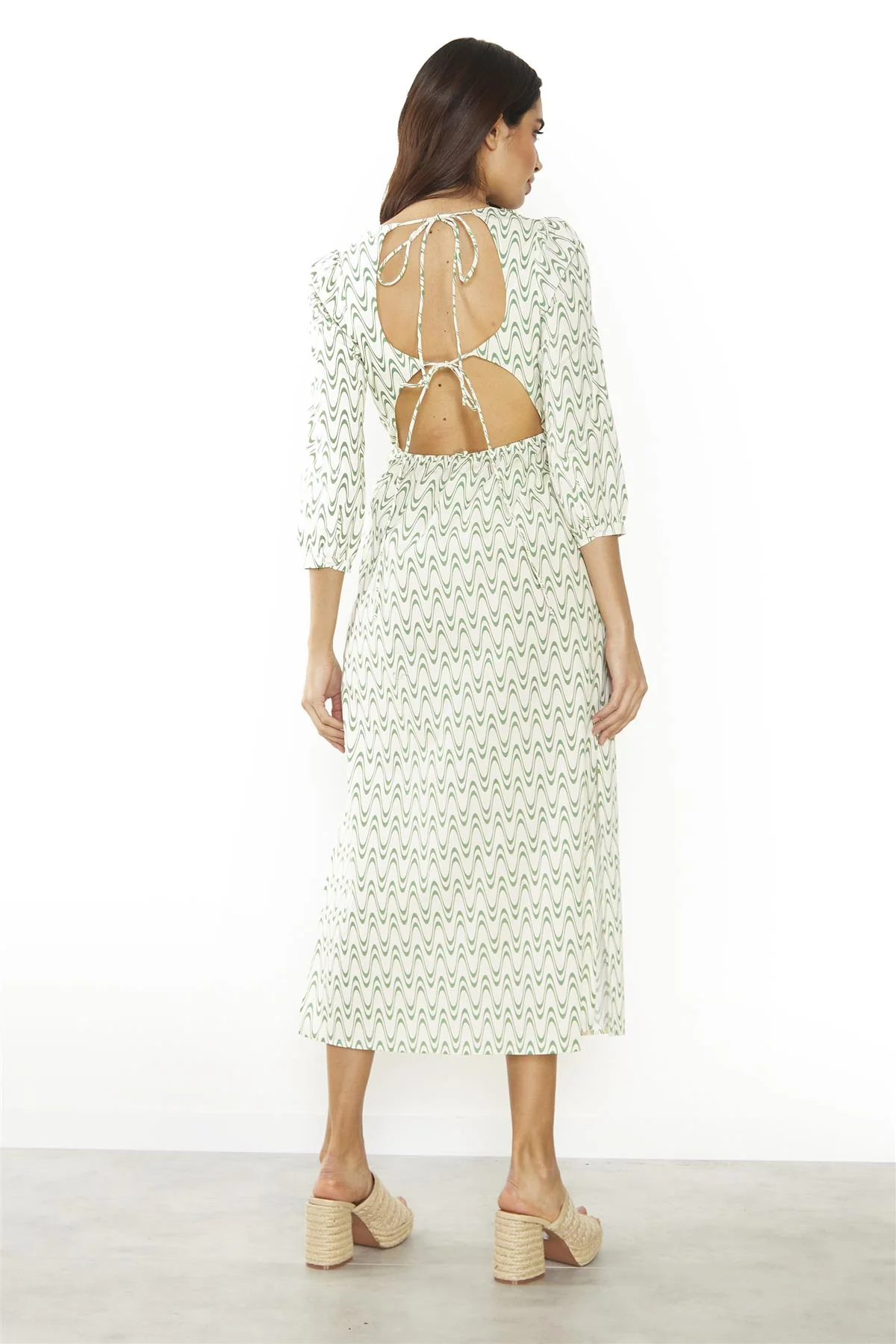 Green Retro Wave Tie-Back Midi-Dress