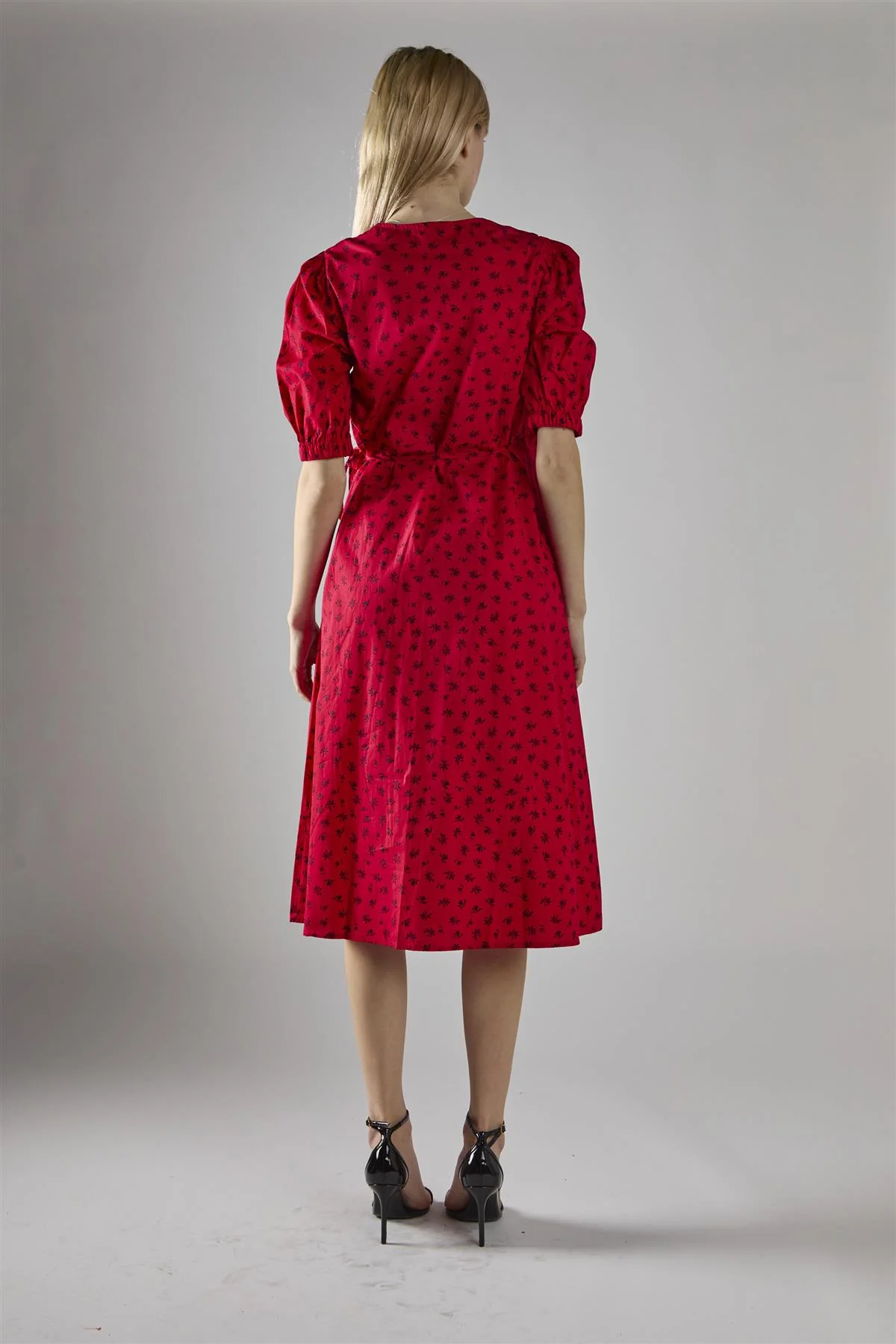 Red Ditsy V-Neck Wrap Midi-Dress