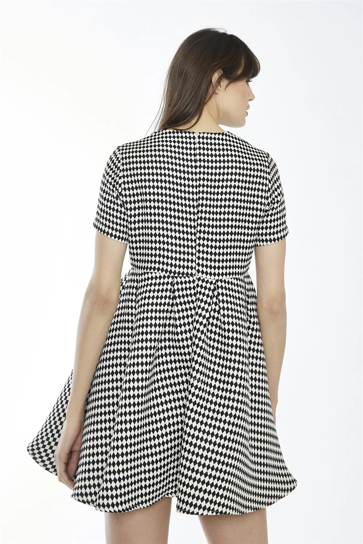Black-White Diamond Crew-Neck Skater Mini-Dress