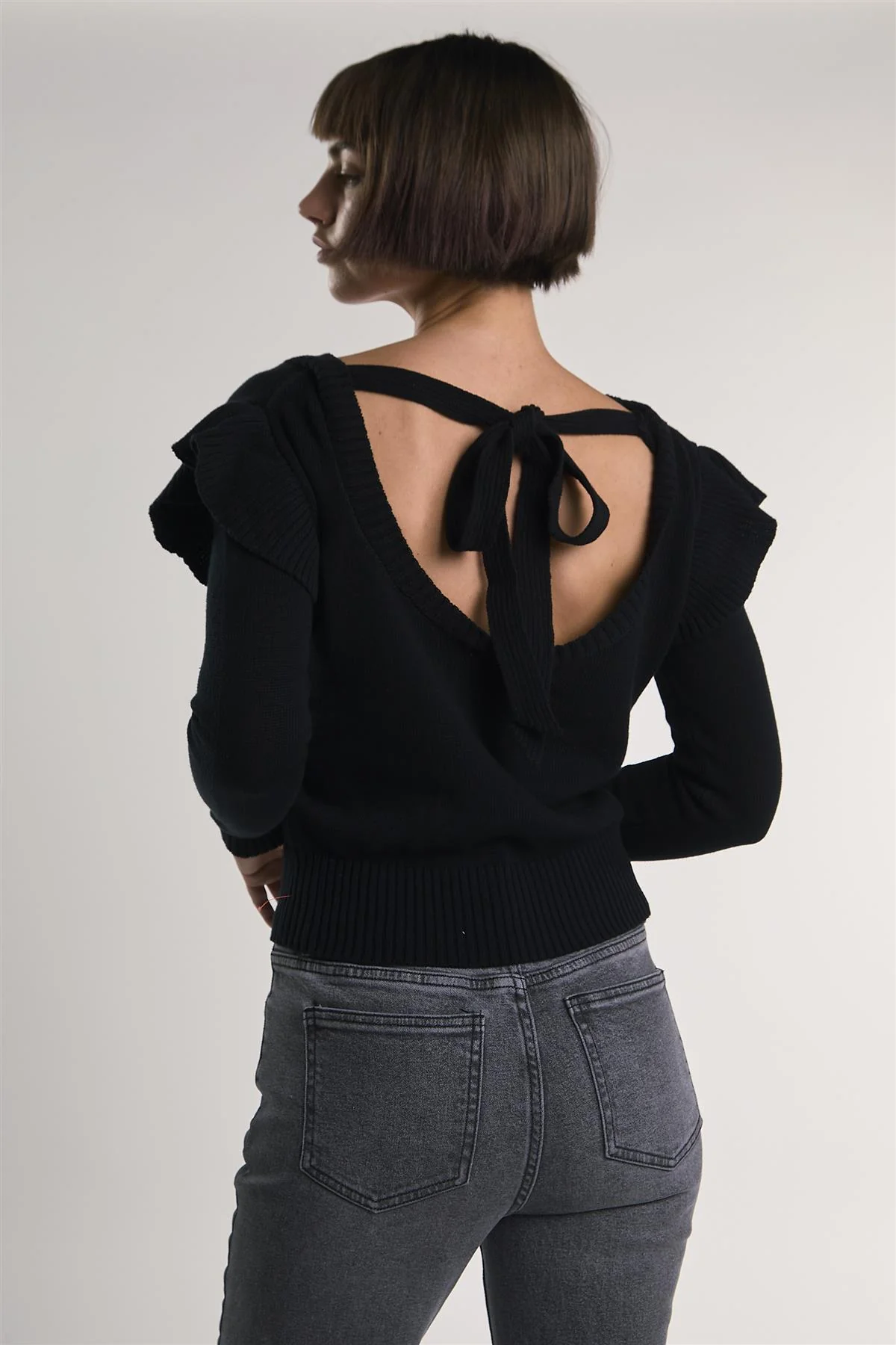 Black Ruffle Shoulder Sweater