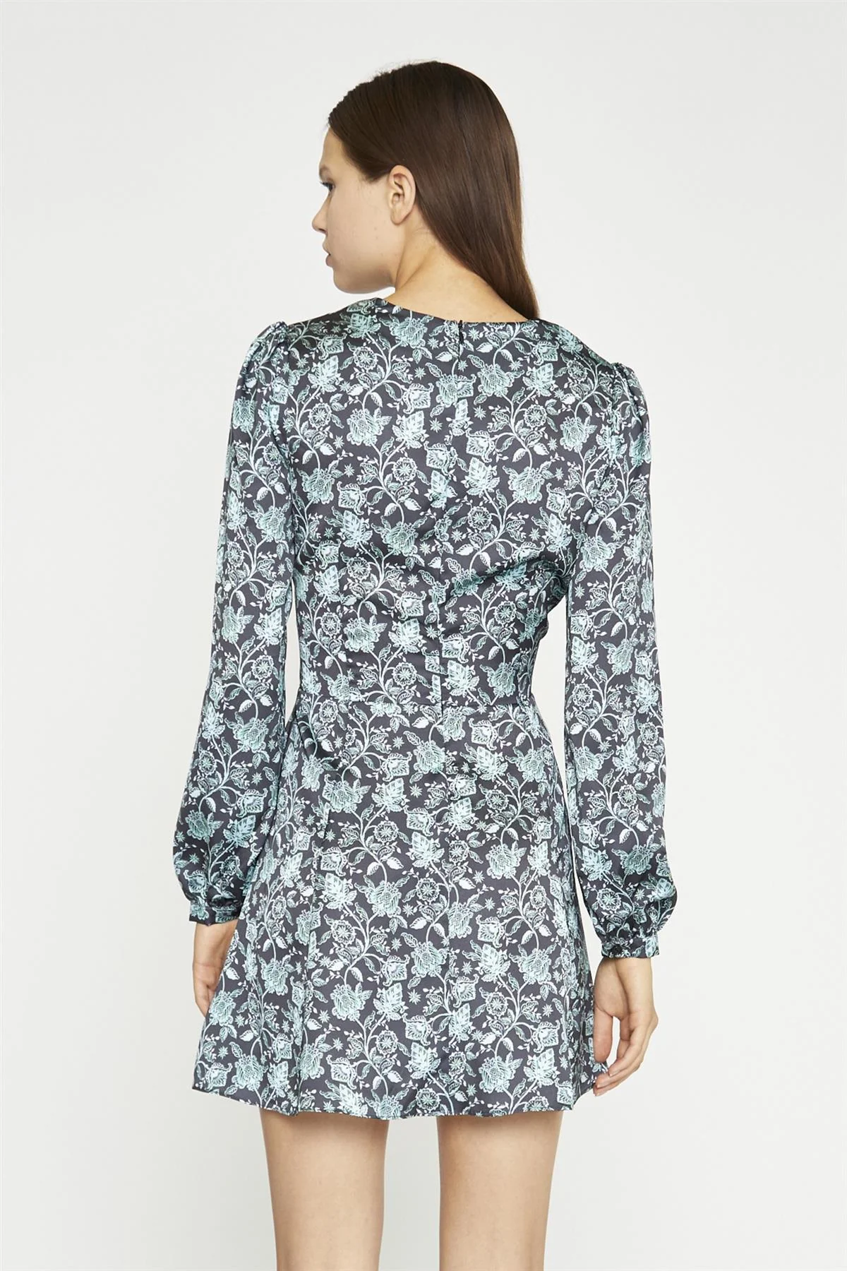 Black-Mint Paisley Sateen Long Sleeve Tea Mini-Dress