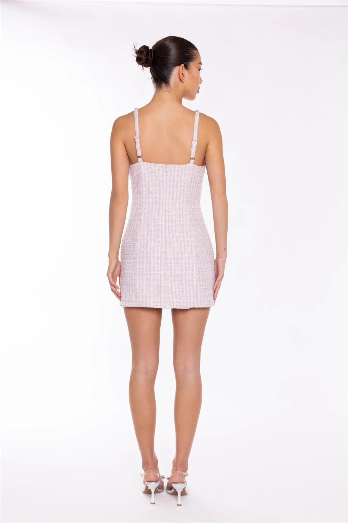 Pink-White Tweed Diamante Trim Mini-Dress