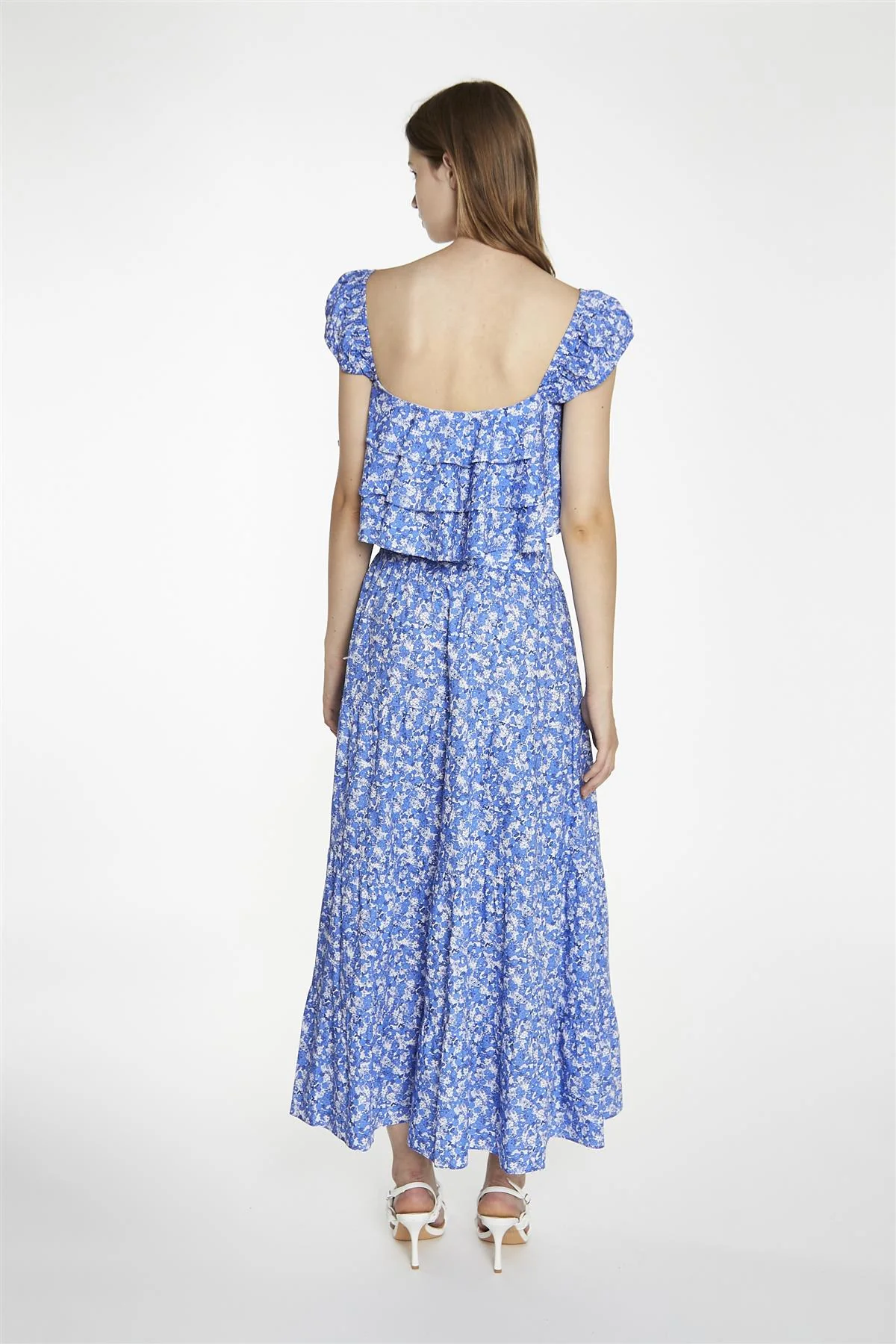 Blue-Watercolour Floral Ruffle Crop-Tops