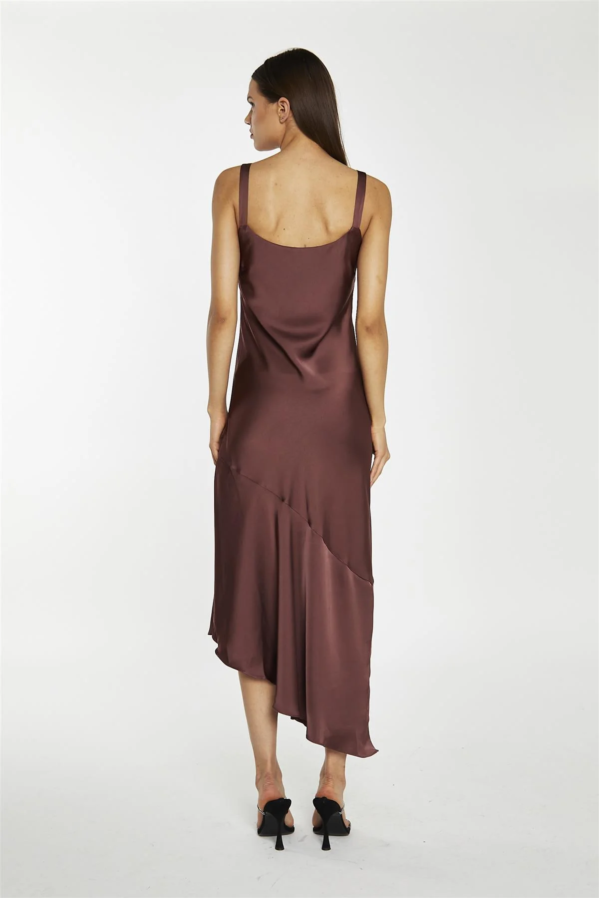 Reddish-Brown Satin Bias-Cut Asymmetric-Dress