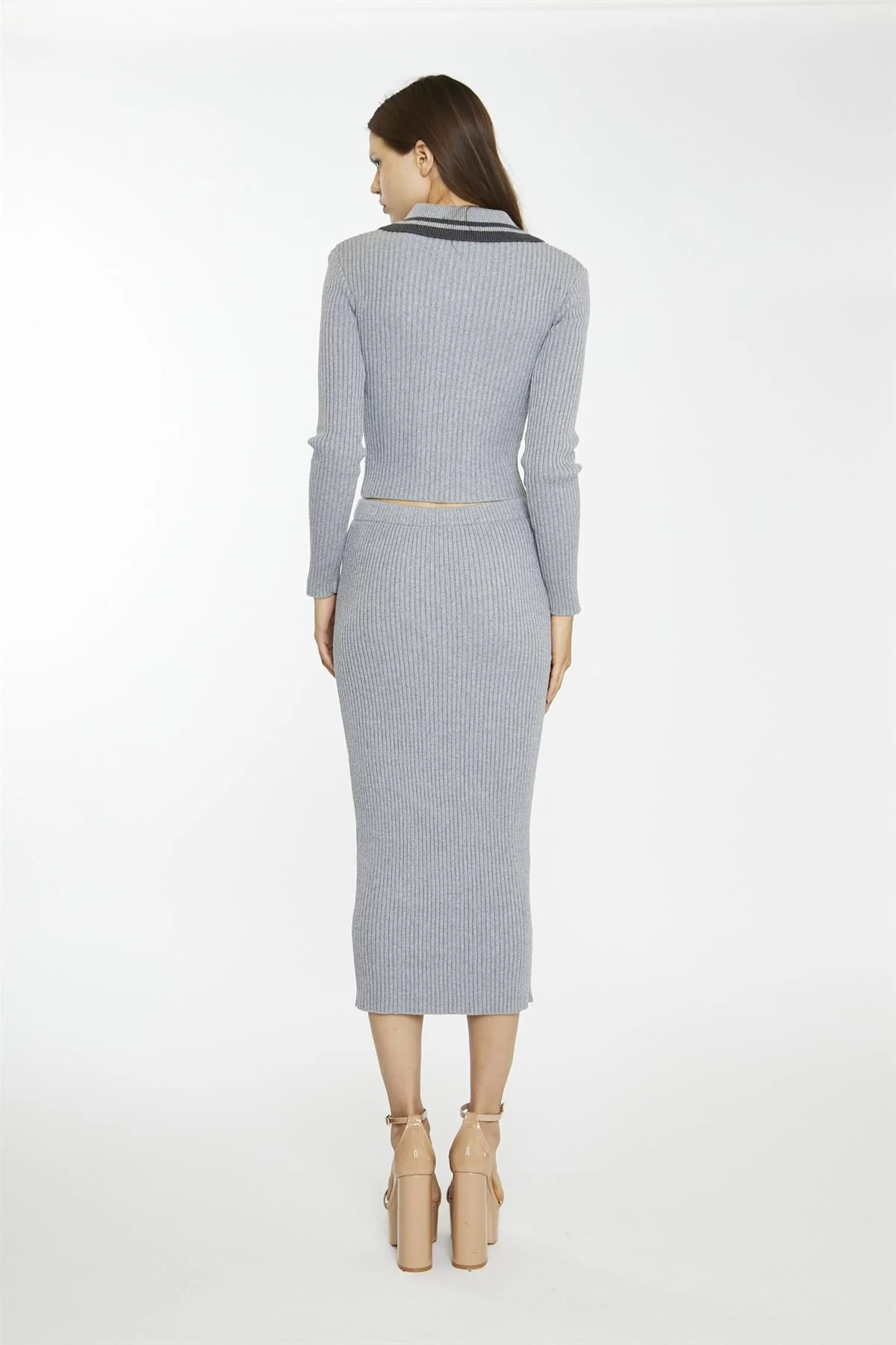 Grey-Marl Rib-Knit Midi-Skirt