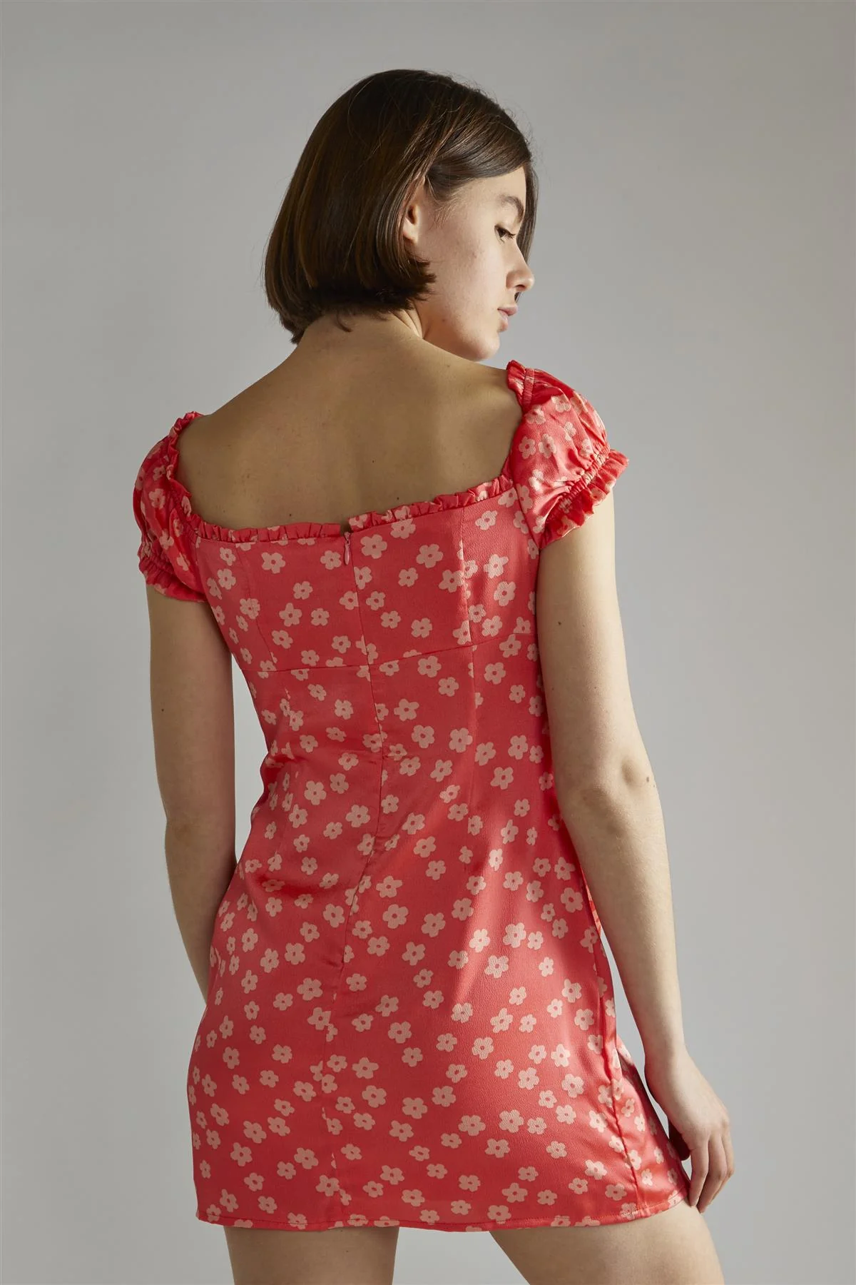 Coral-Pink Daisy Milkmaid Mini-Dress