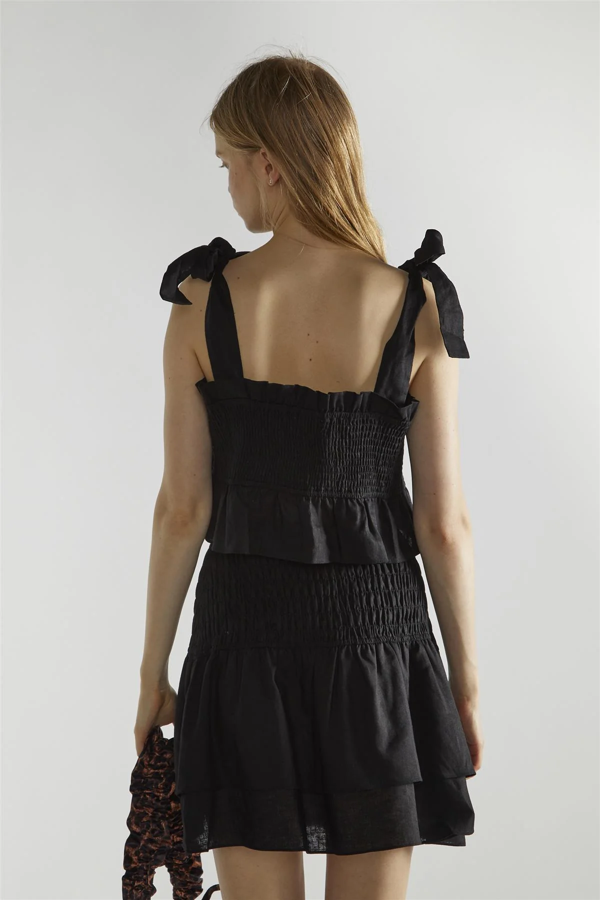 Black Shirred Layered Mini-Skirt