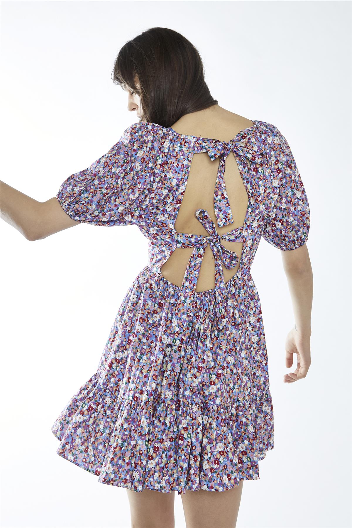 Blue Texture-Floral Ruffle-Hem Mini-Dress