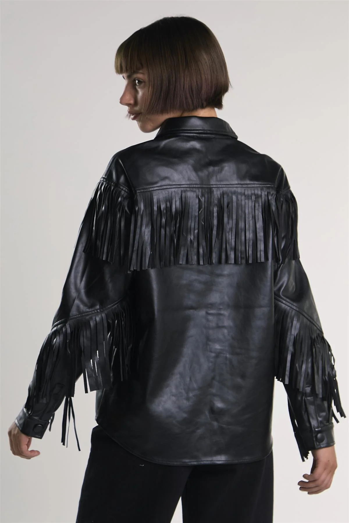 Black PU Faux-Leather Fringe Shirt