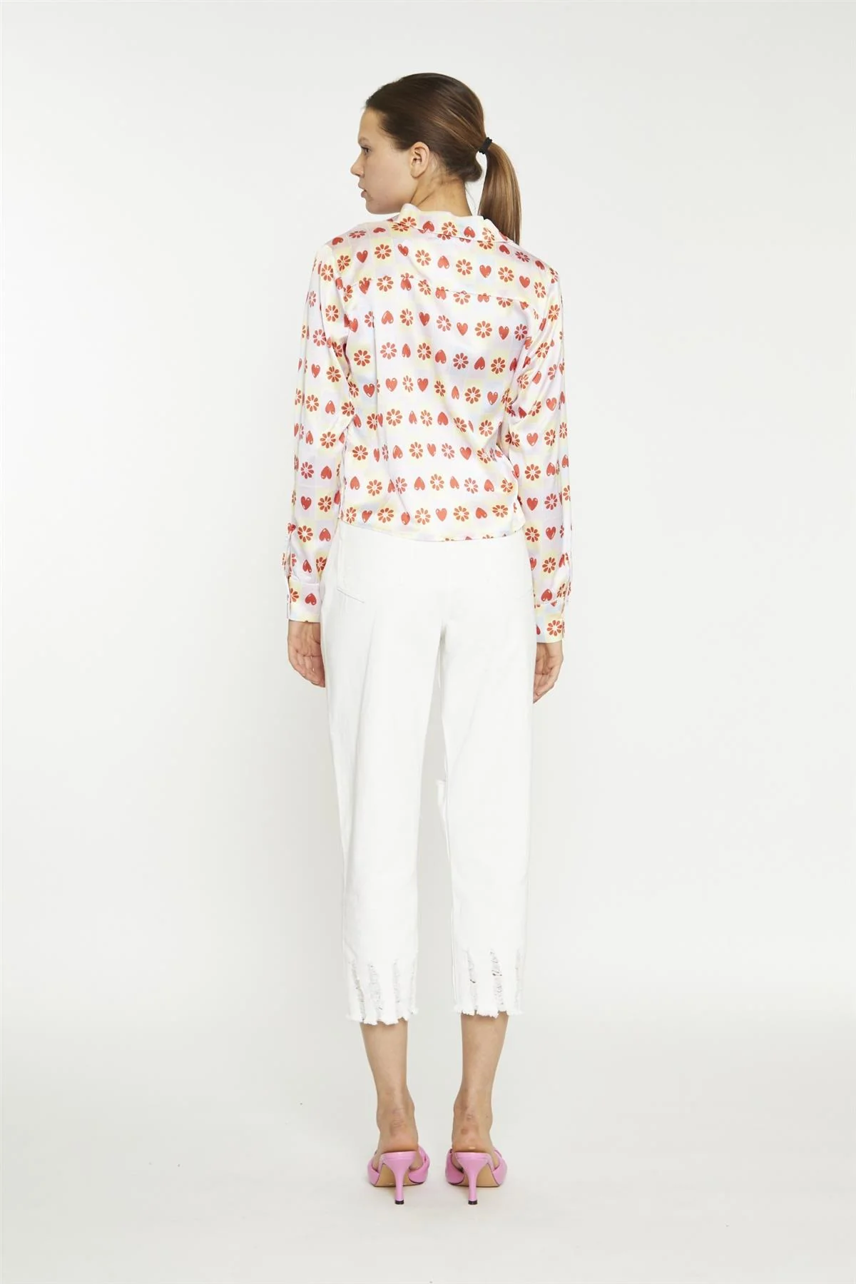 Pastel Tile Print Floral Button-Up Crop-Top