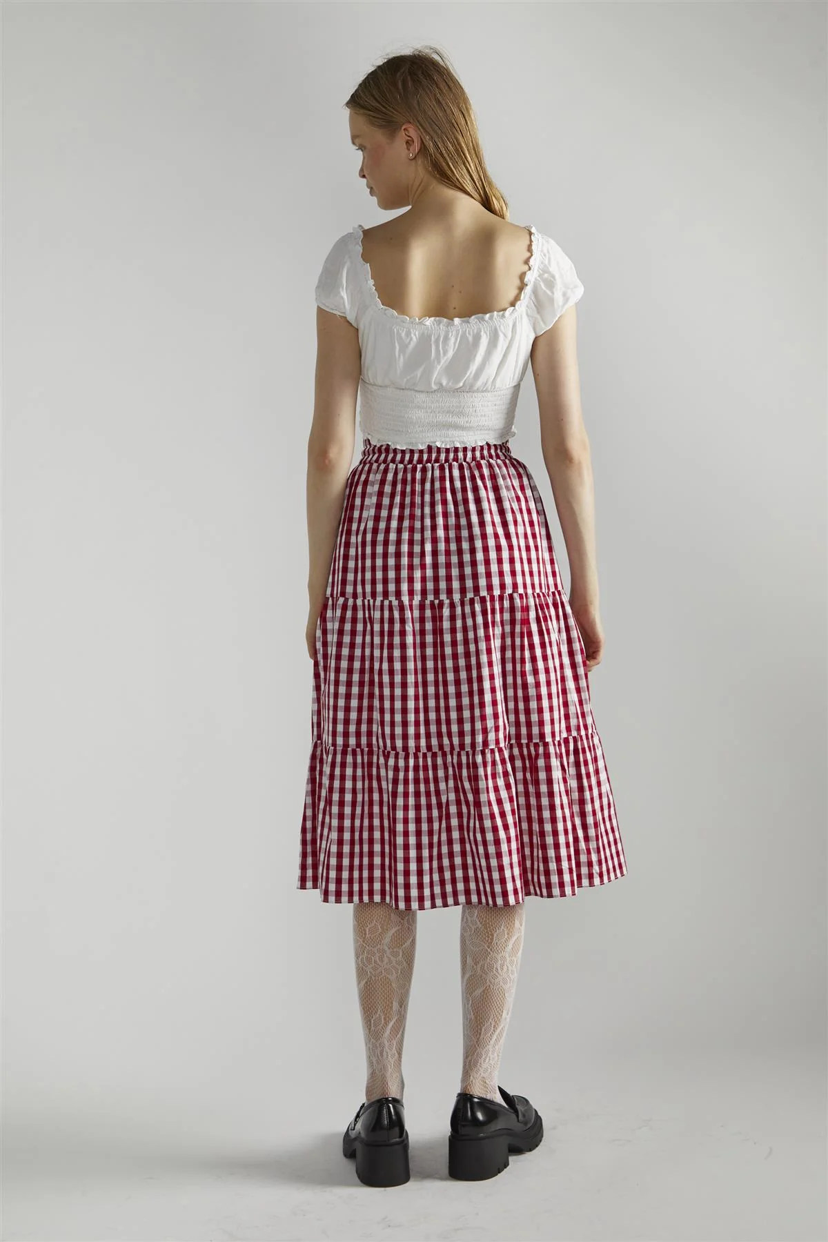 Cherry Red Gingham Pleated Midi-Skirt