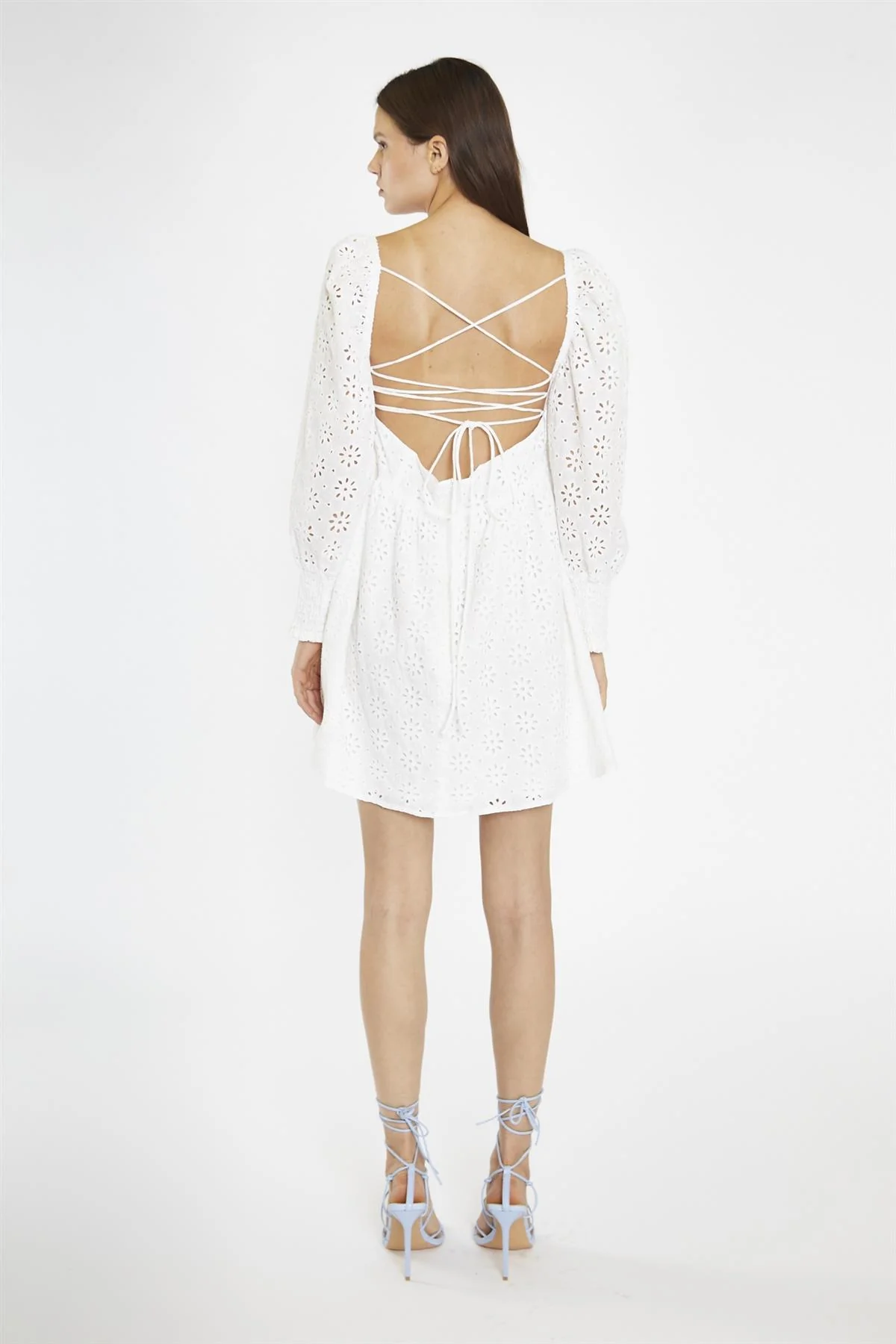 White-Broderie Lace-Up Corset Mini-Dress