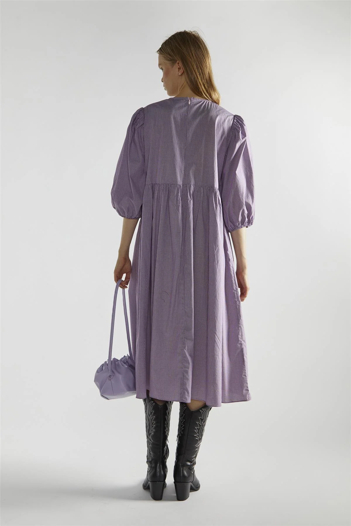 Purple Gingham Bow Detail Midi-Dress