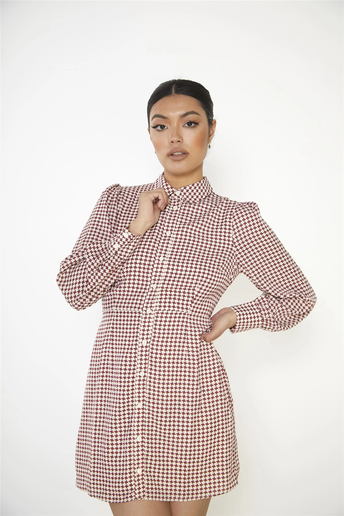 Burgundy Geometric Check Long Sleeve Mini Shirt Dress with Peter Pan Collar