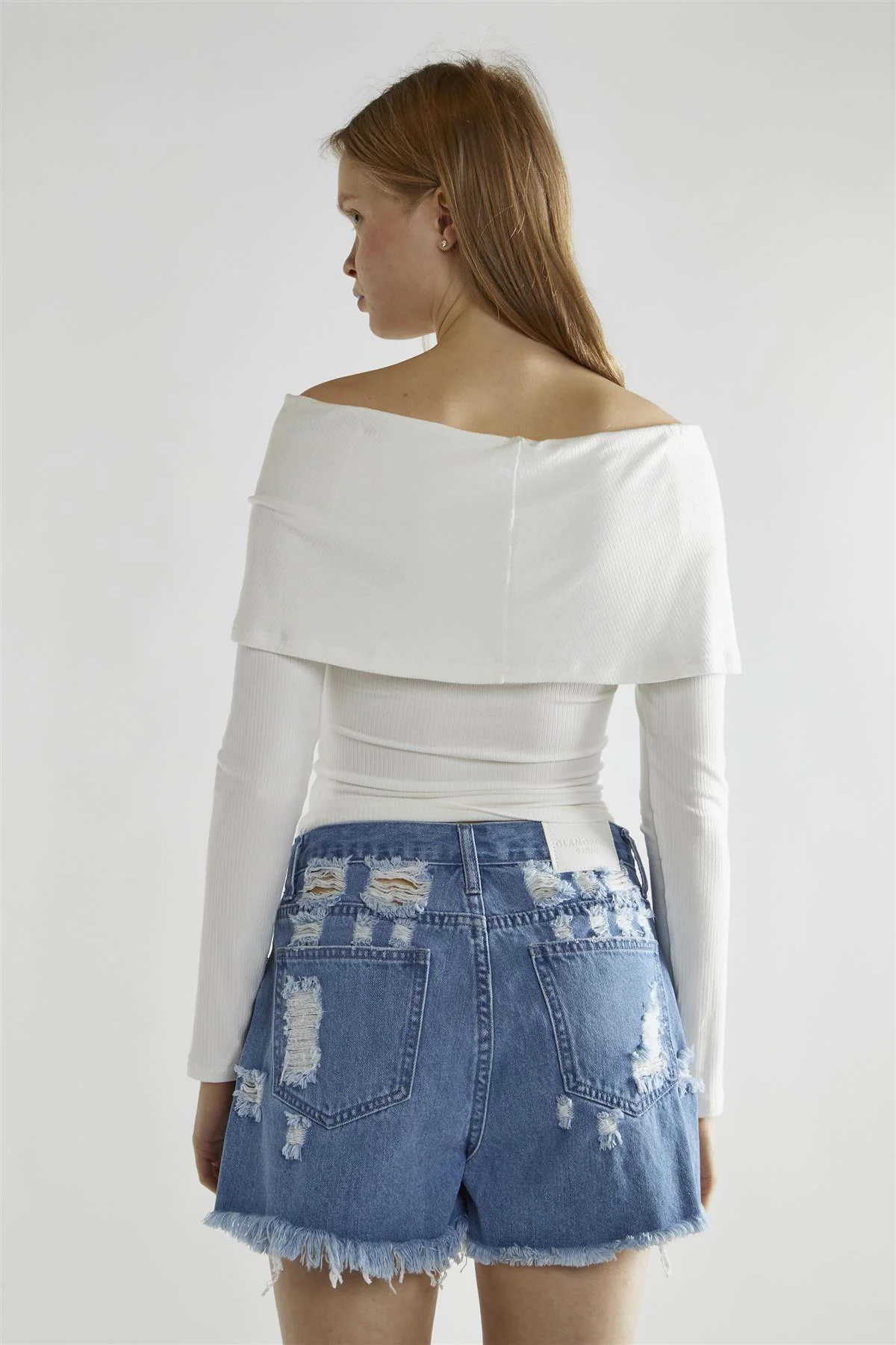 White-Rib Bardot Long-Sleeve Top