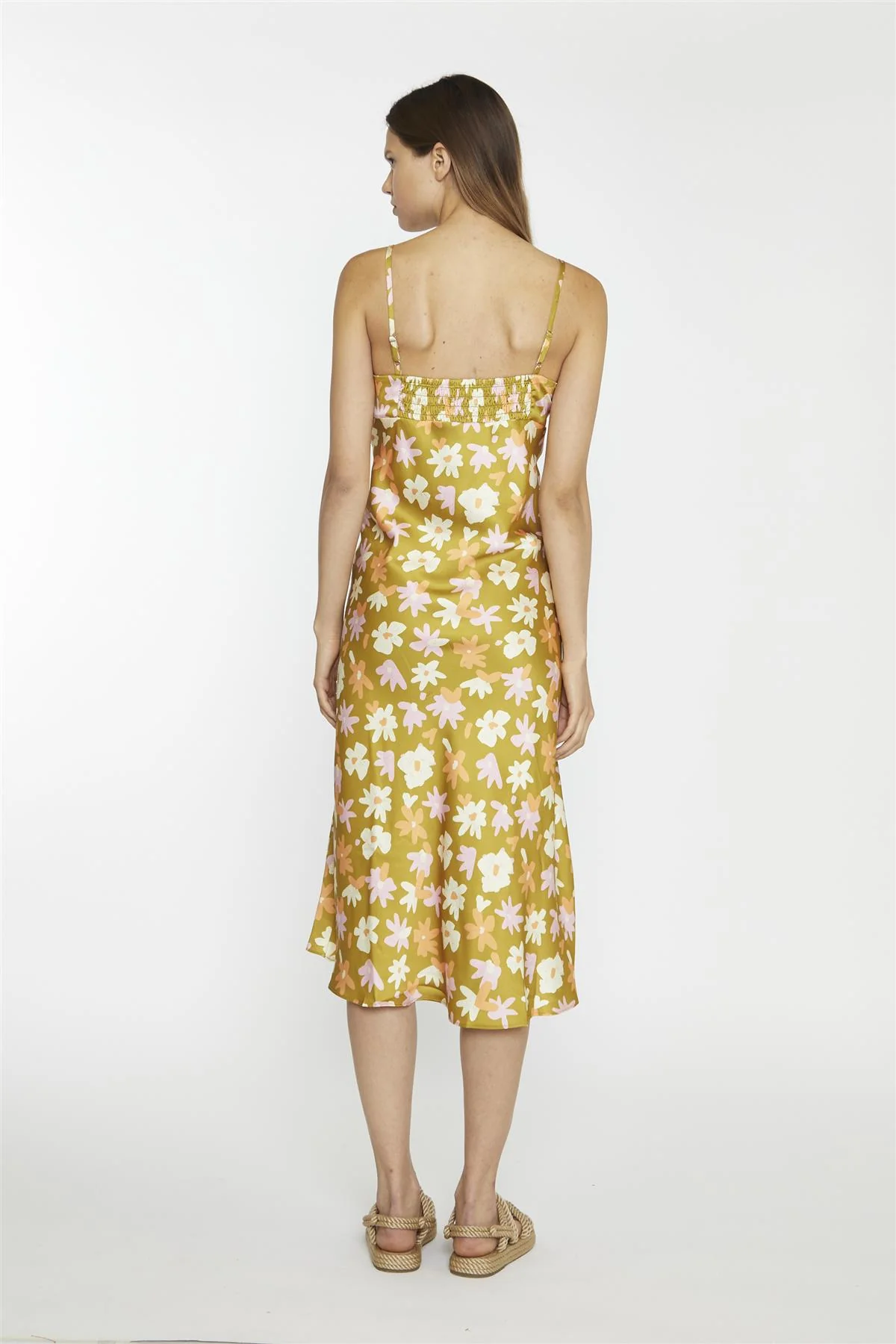 Olive Multi-Flower Spaghetti-Strap Midi-Dress