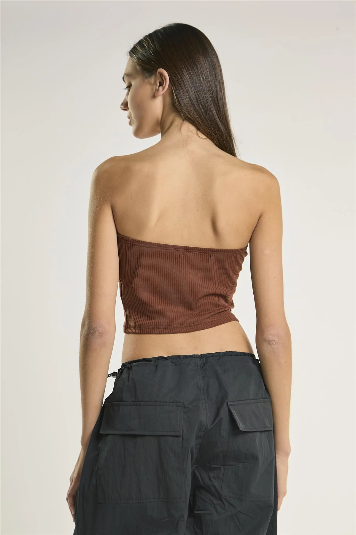 Brown Rib Bandeau Crop-Top