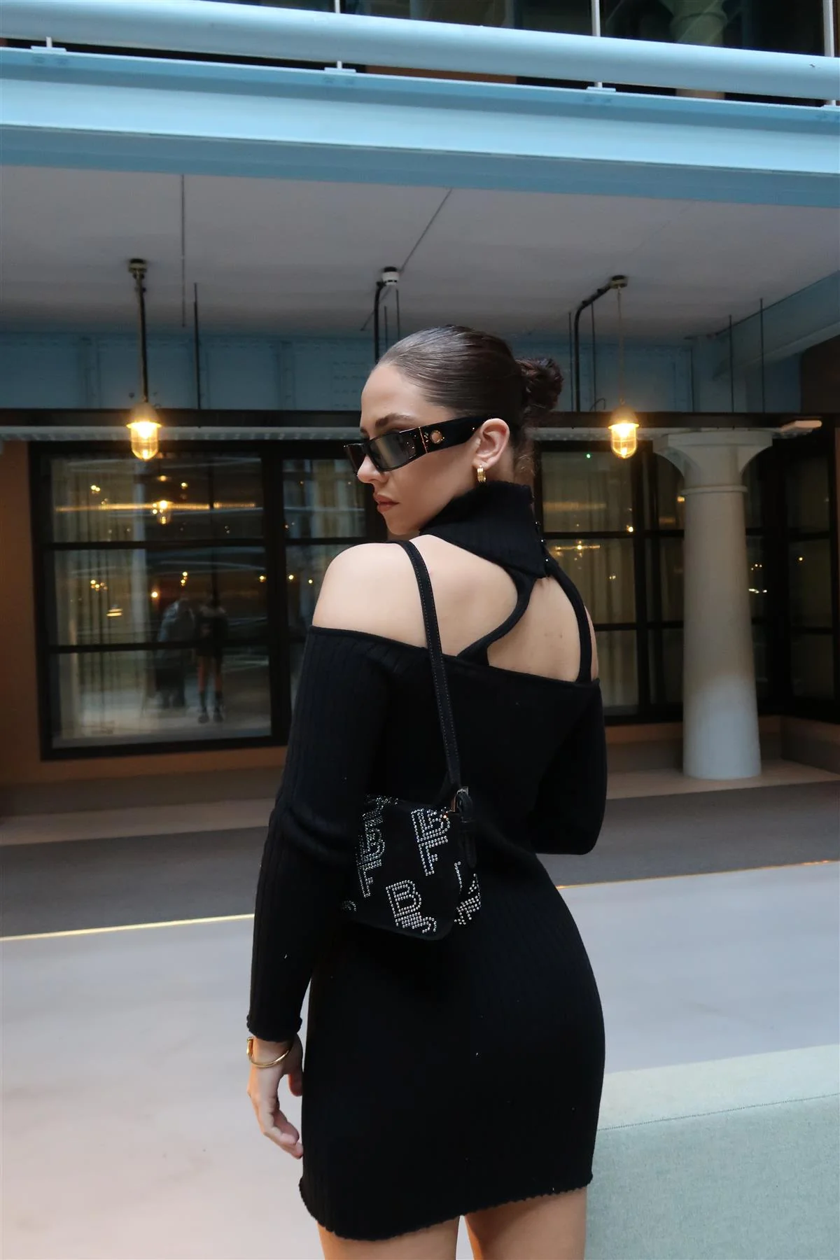 Black Choker-Neck Rib-Knit Mini-Dress