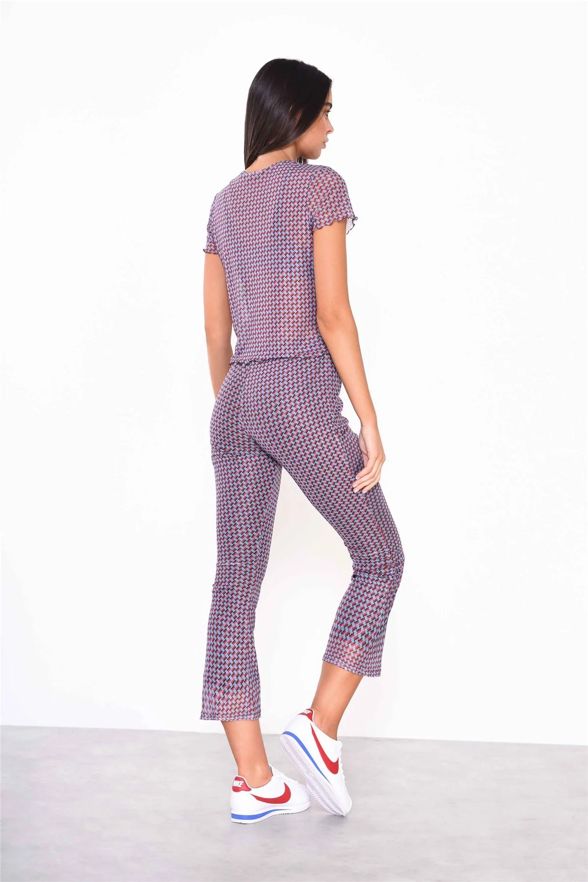 Mini Geo Mesh Cropped Flared Trousers
