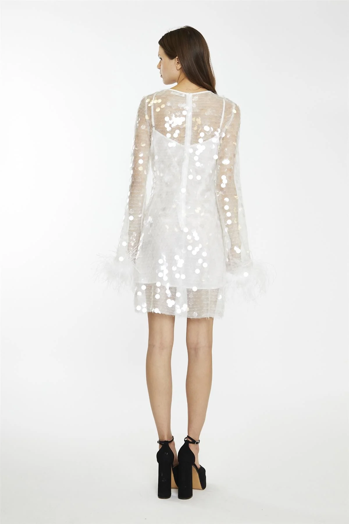 Clear-White Large-Sequin Feather Cuff Mini-Dress