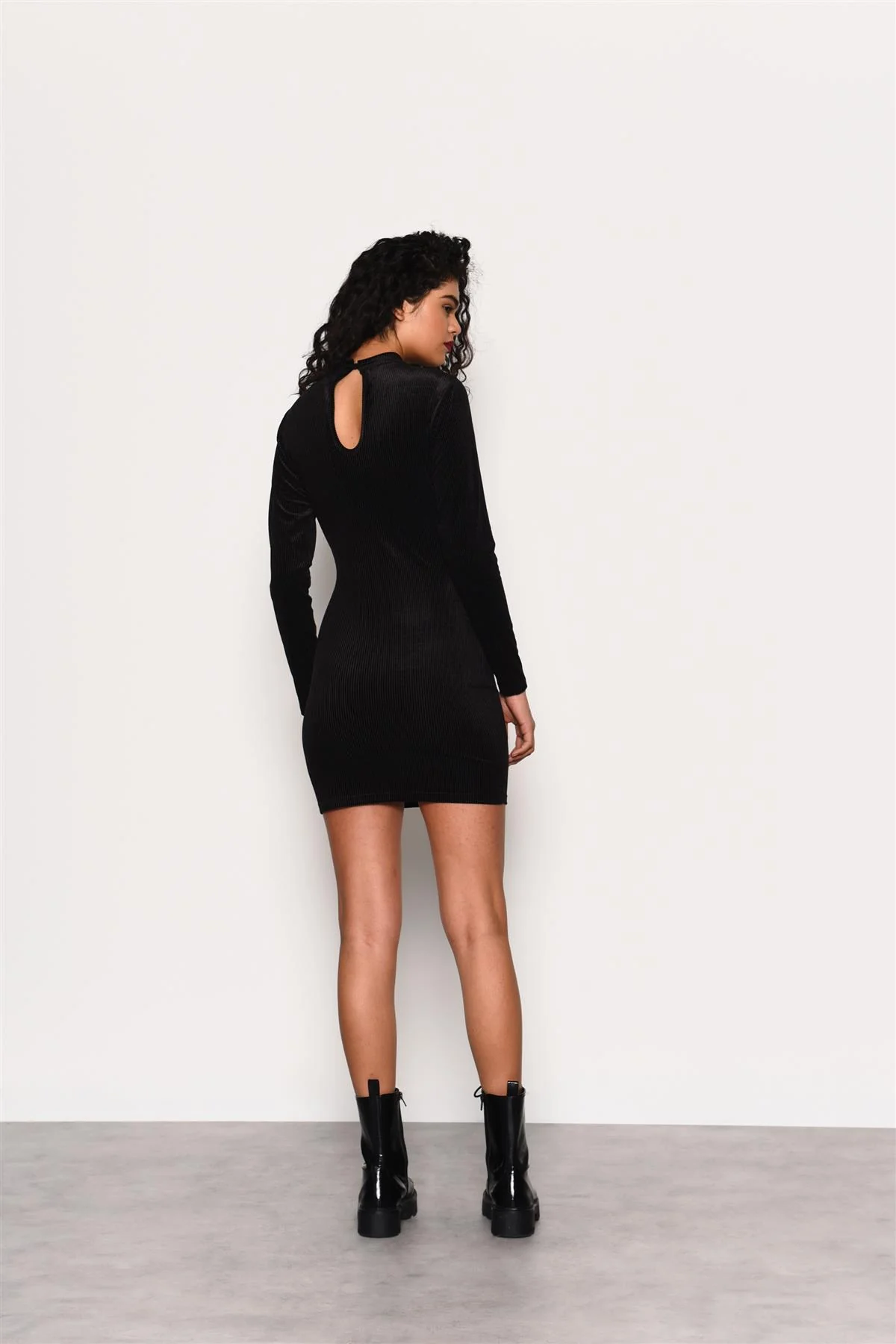 Black Velvet-Rib High-Neck Mini-Dress