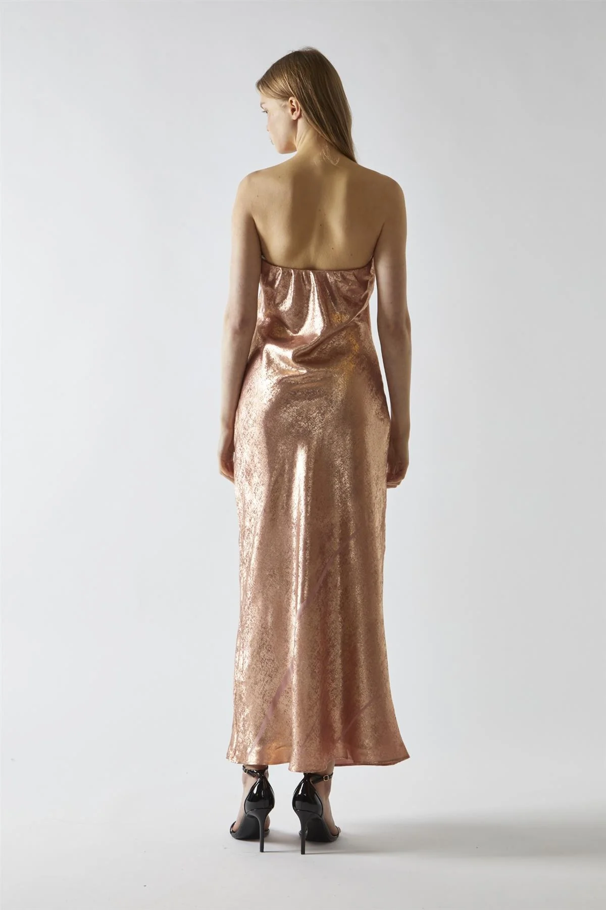 Copper-Metallic Strapless Midi Dress