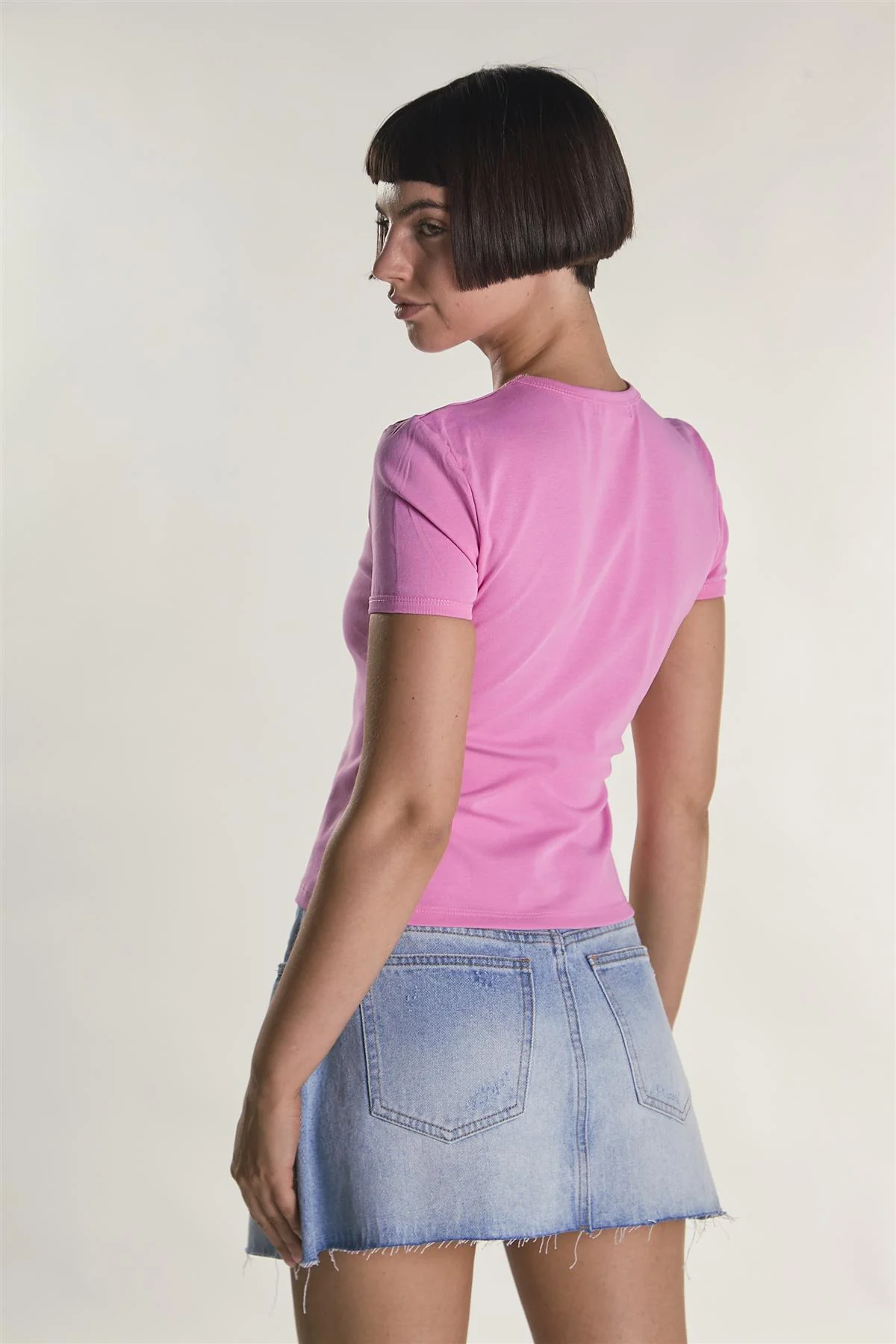 Candy-Pink Round Neckline Short Sleeve-Top