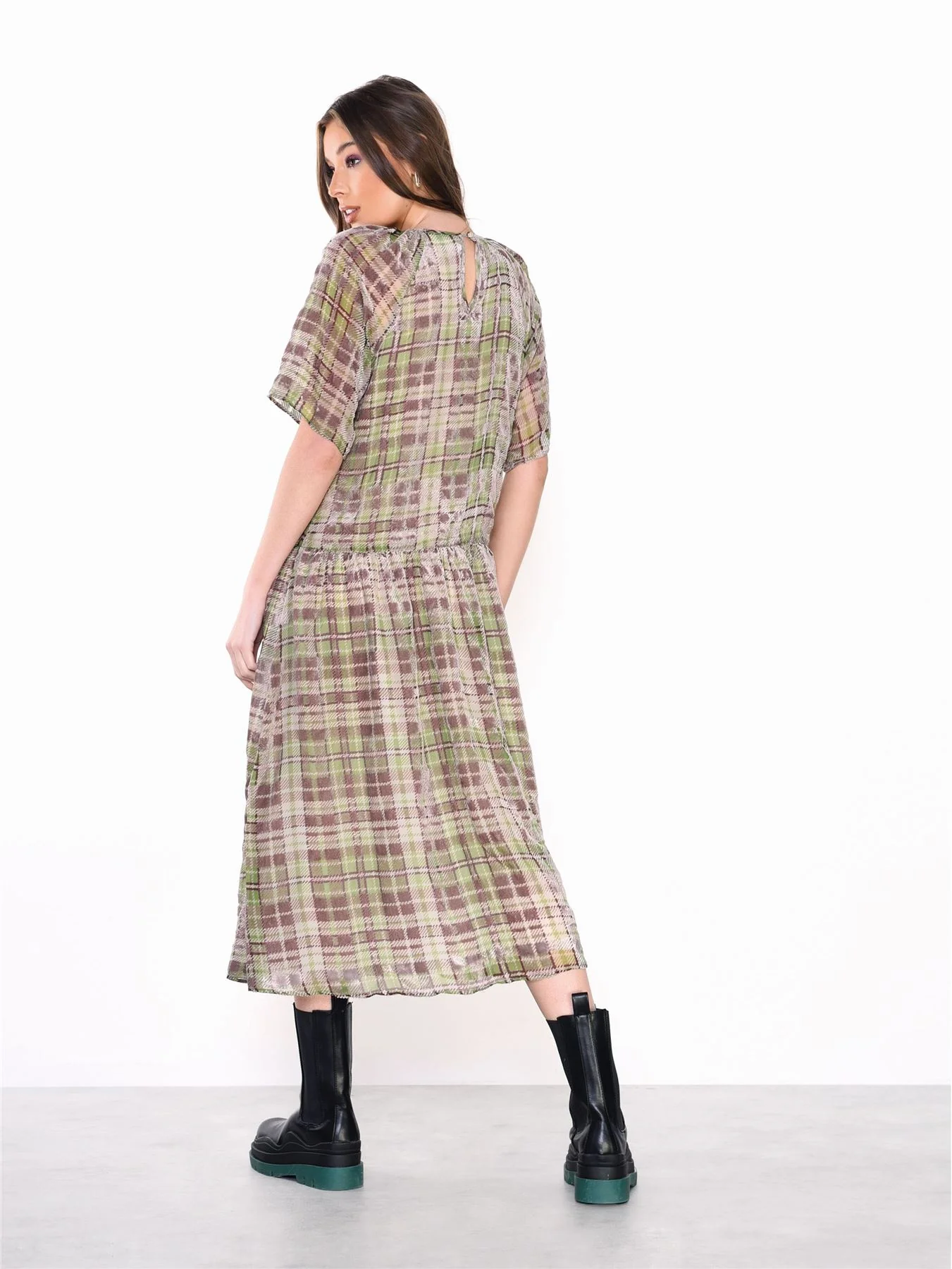 Green Devore Check High Neck Short Sleeve Midi Dress