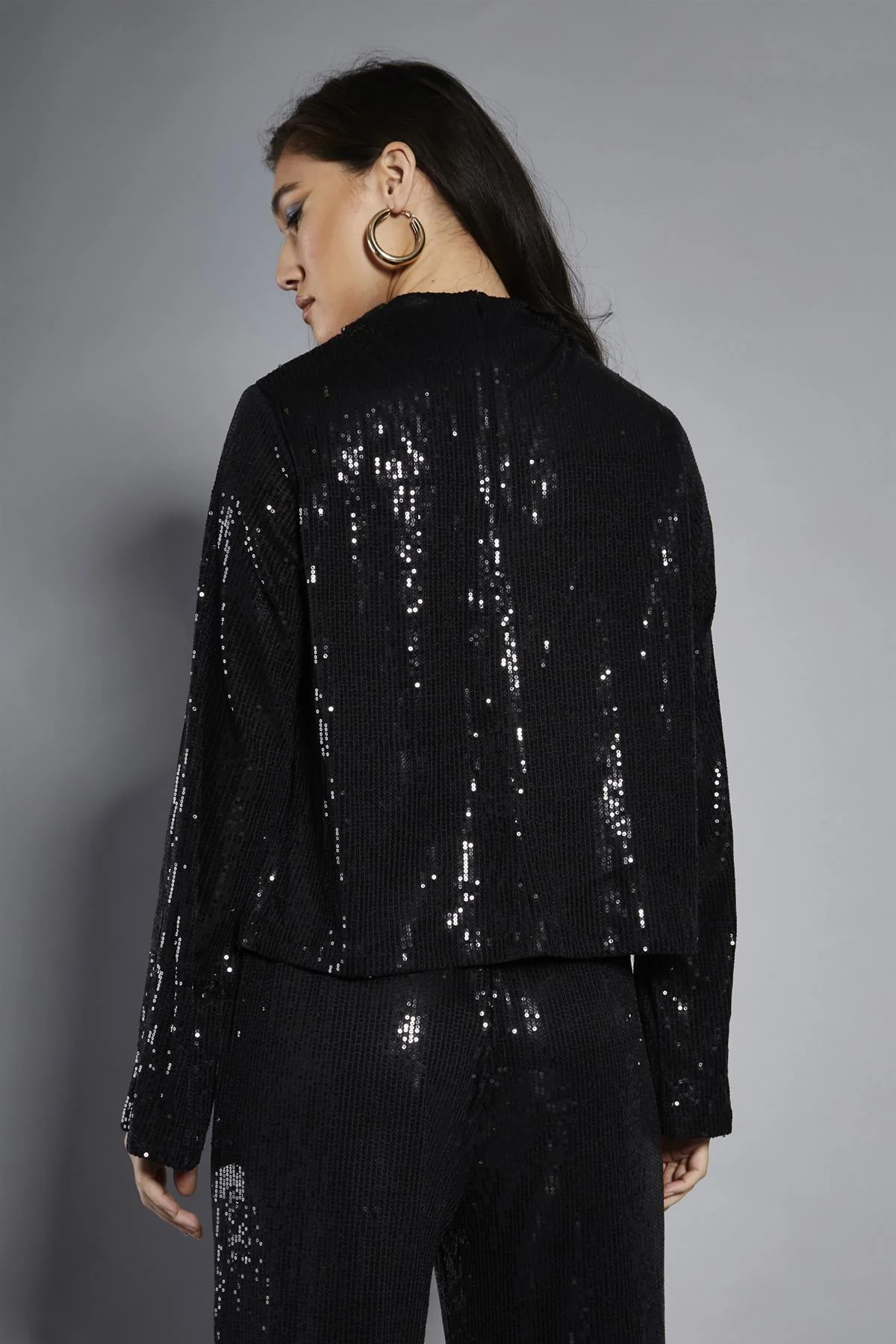 Black Sequin High-Neck Long Sleeve Blouse