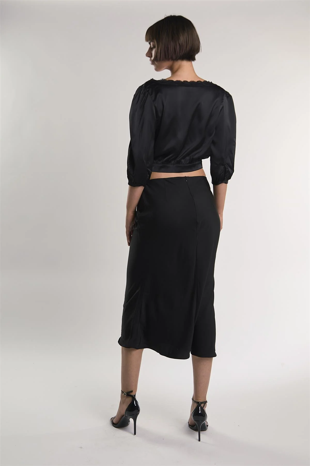 Black Satin Midi-Skirt