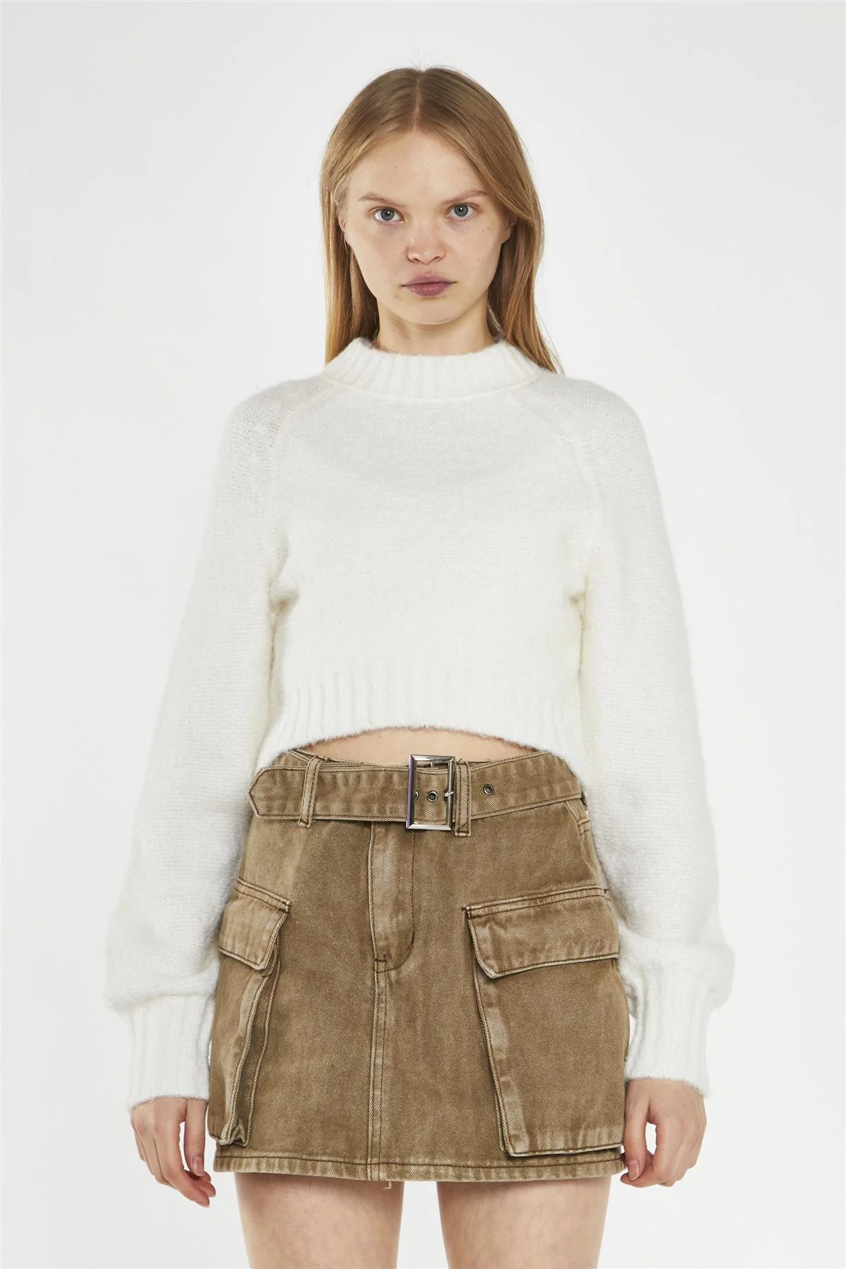 Denim Combat Mini Skirt - Light Brown Wash