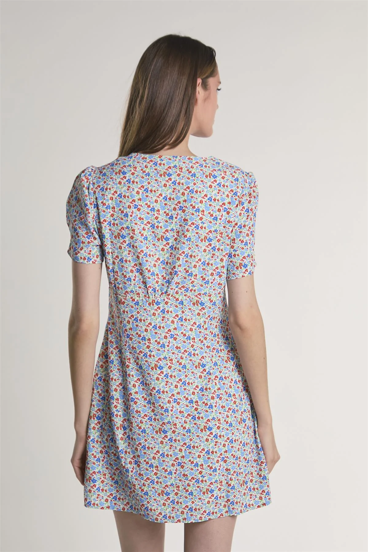 Blue-Red-Ditsy Button-Front Mini-Dress