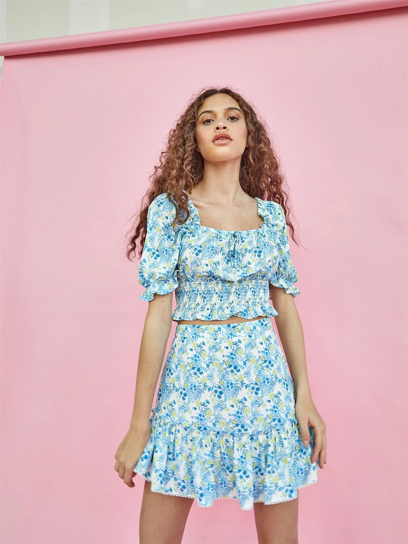 Blue Yellow Floral Puff Sleeve Top