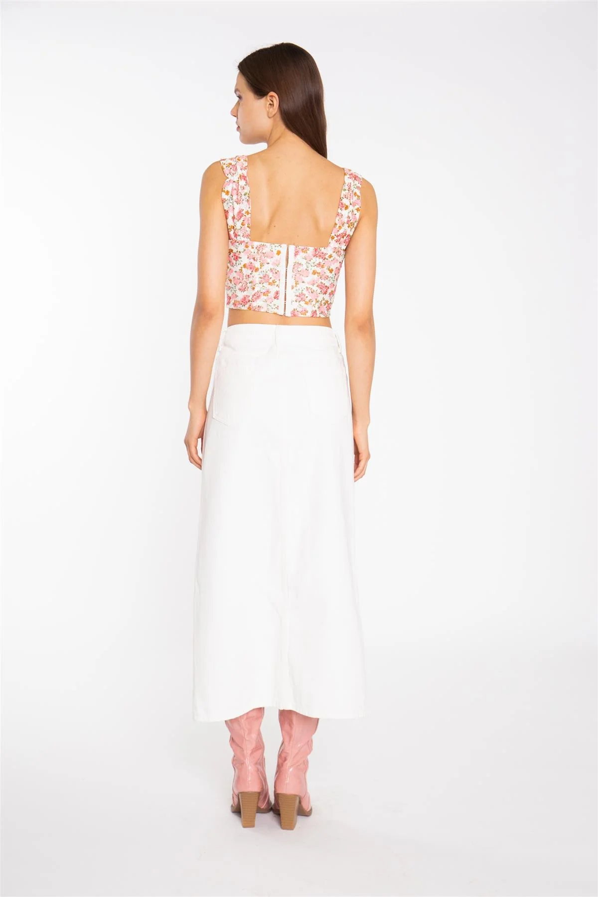 Pink Multi-Floral Lace Ruched Corset Crop-Top