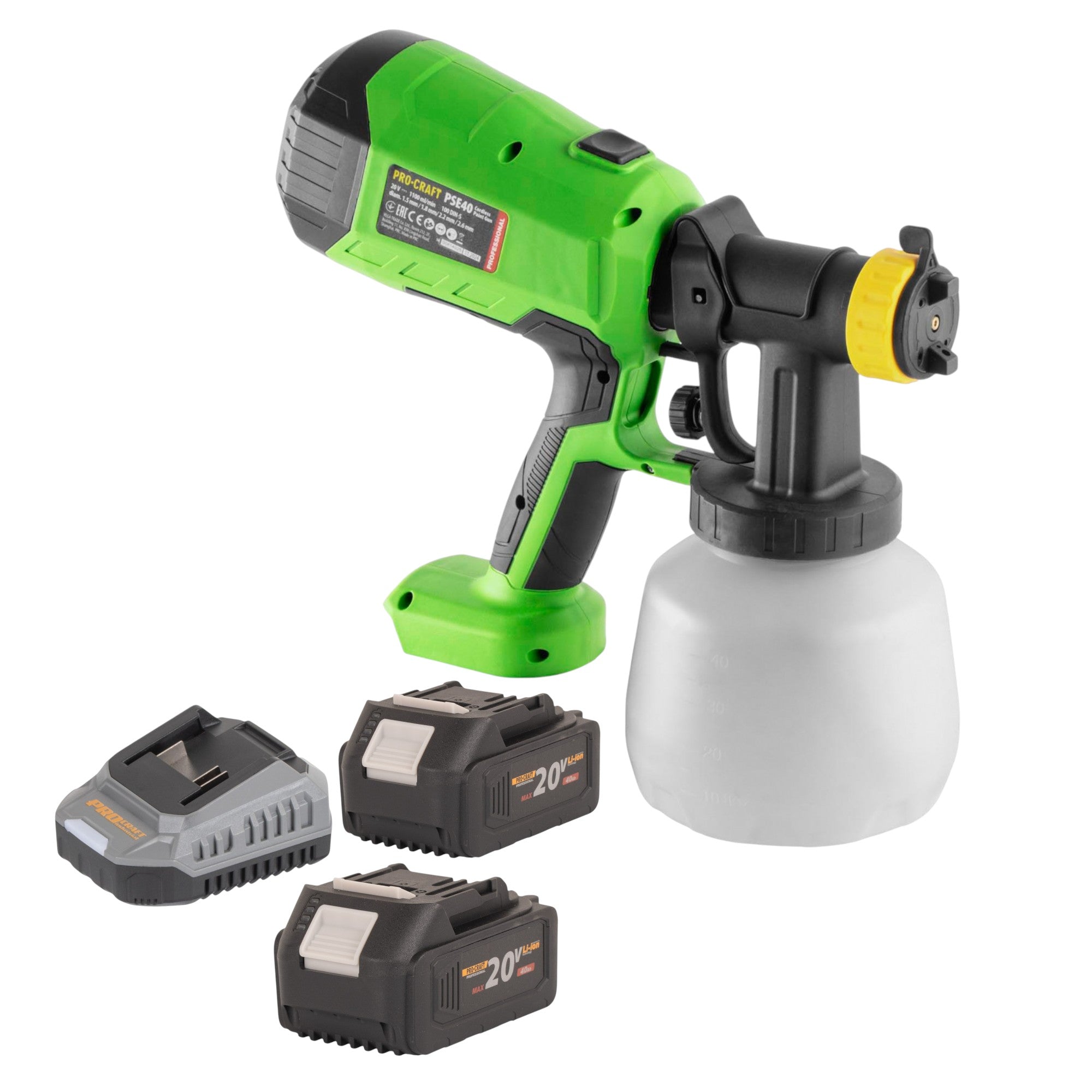 Procraft PSE40bb Akku Farbspritzpistole 20 V + 2x Akku 4,0 Ah + Ladegerät